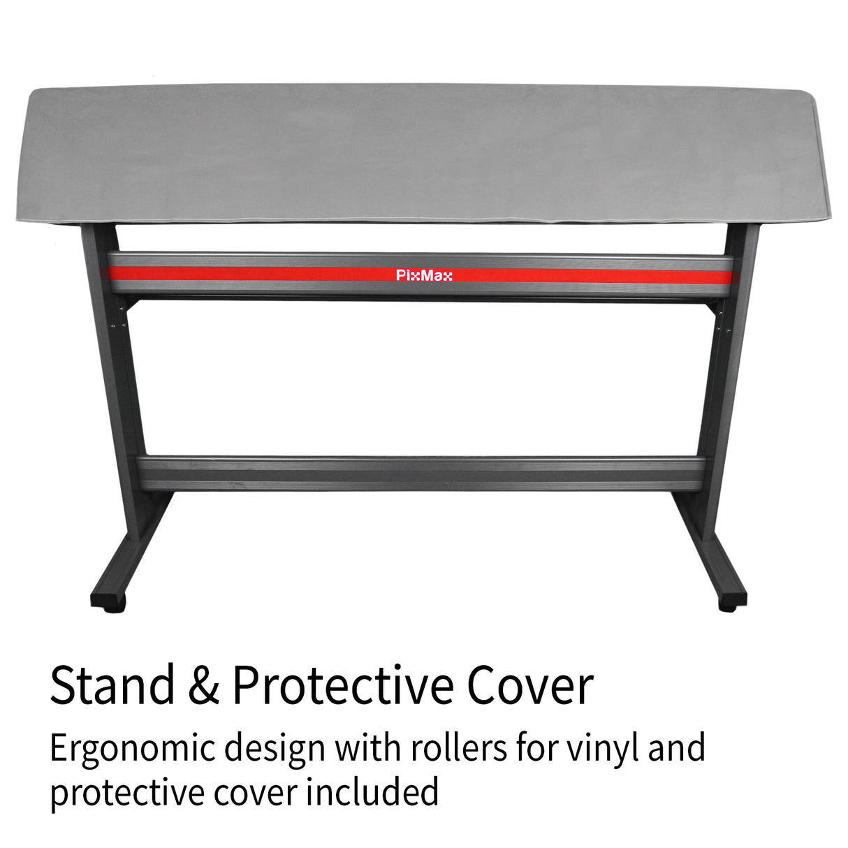 Support ergonomique en métal noir avec rouleaux, surface grise et bande rouge, conçu pour plotters de découpe vinyle