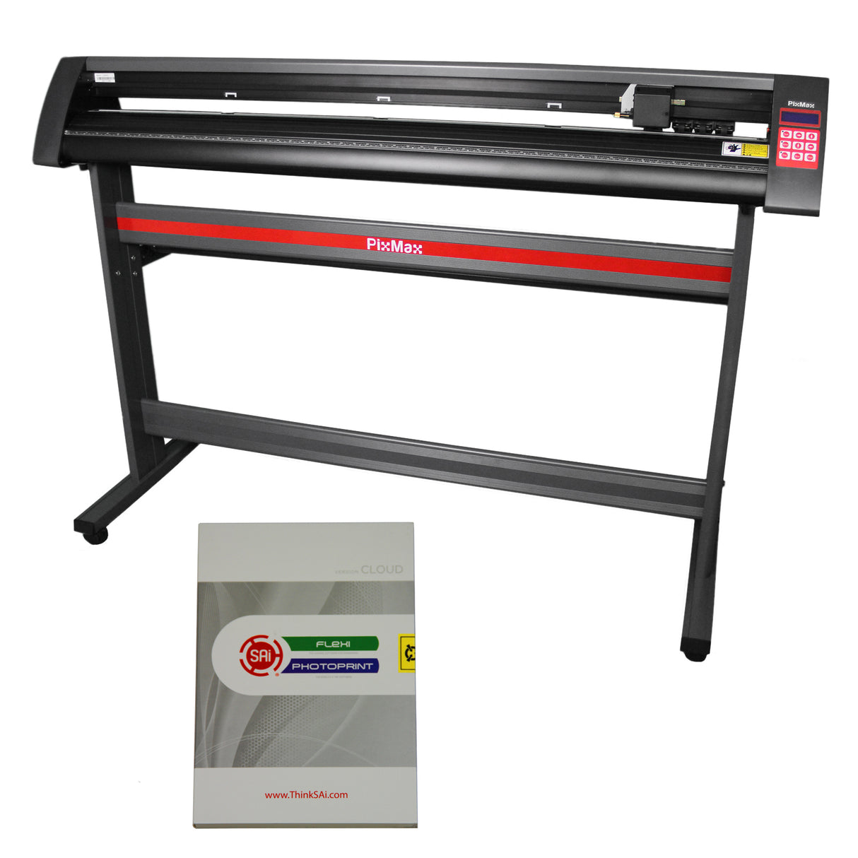 Plotter de découpe vinyle PixMax de 151 cm avec un cadre noir, touches rouges et logiciel FlexiStarter en dessous