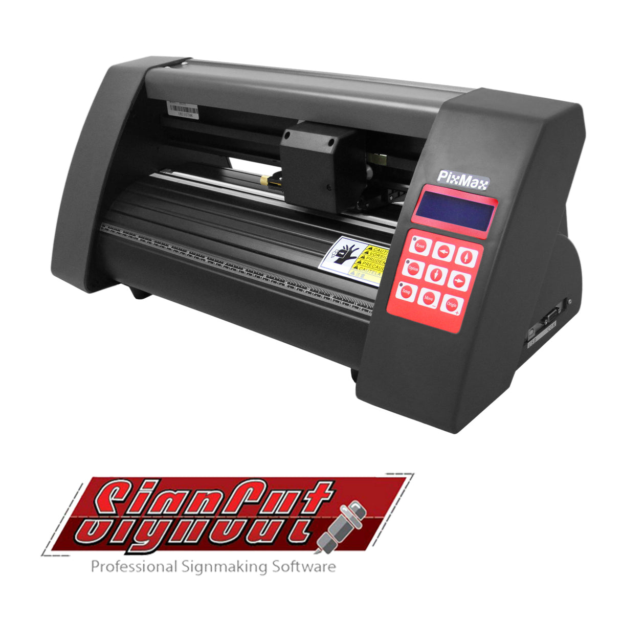 Plotter de découpe vinyle PixMax noir avec écran de contrôle rouge et logo SignCut Pro, idéal pour la création de designs personnalisés