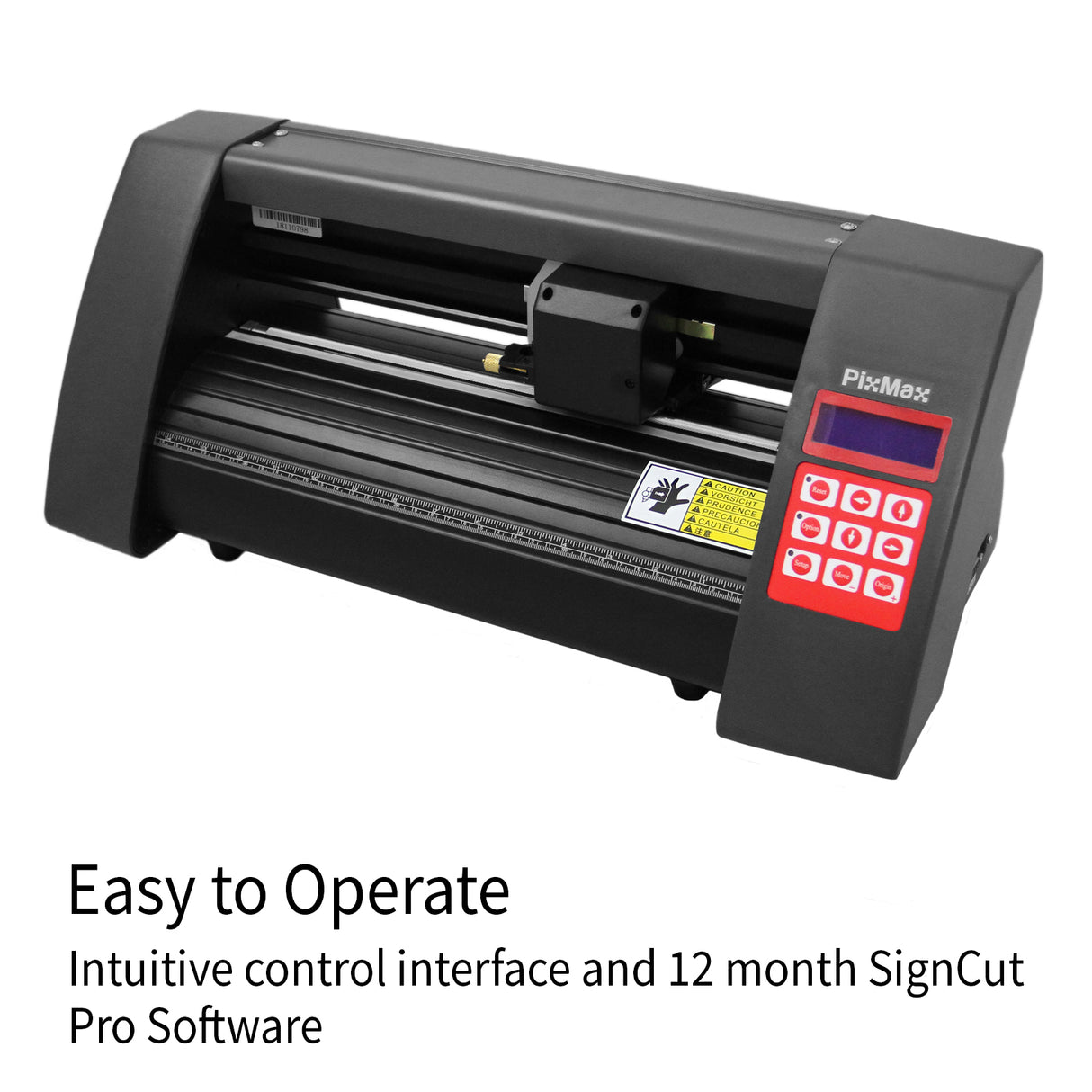 Plotter de découpe vinyle PixMax noir avec écran de contrôle rouge, conçu pour une utilisation facile et livré avec logiciel SignCut Pro
