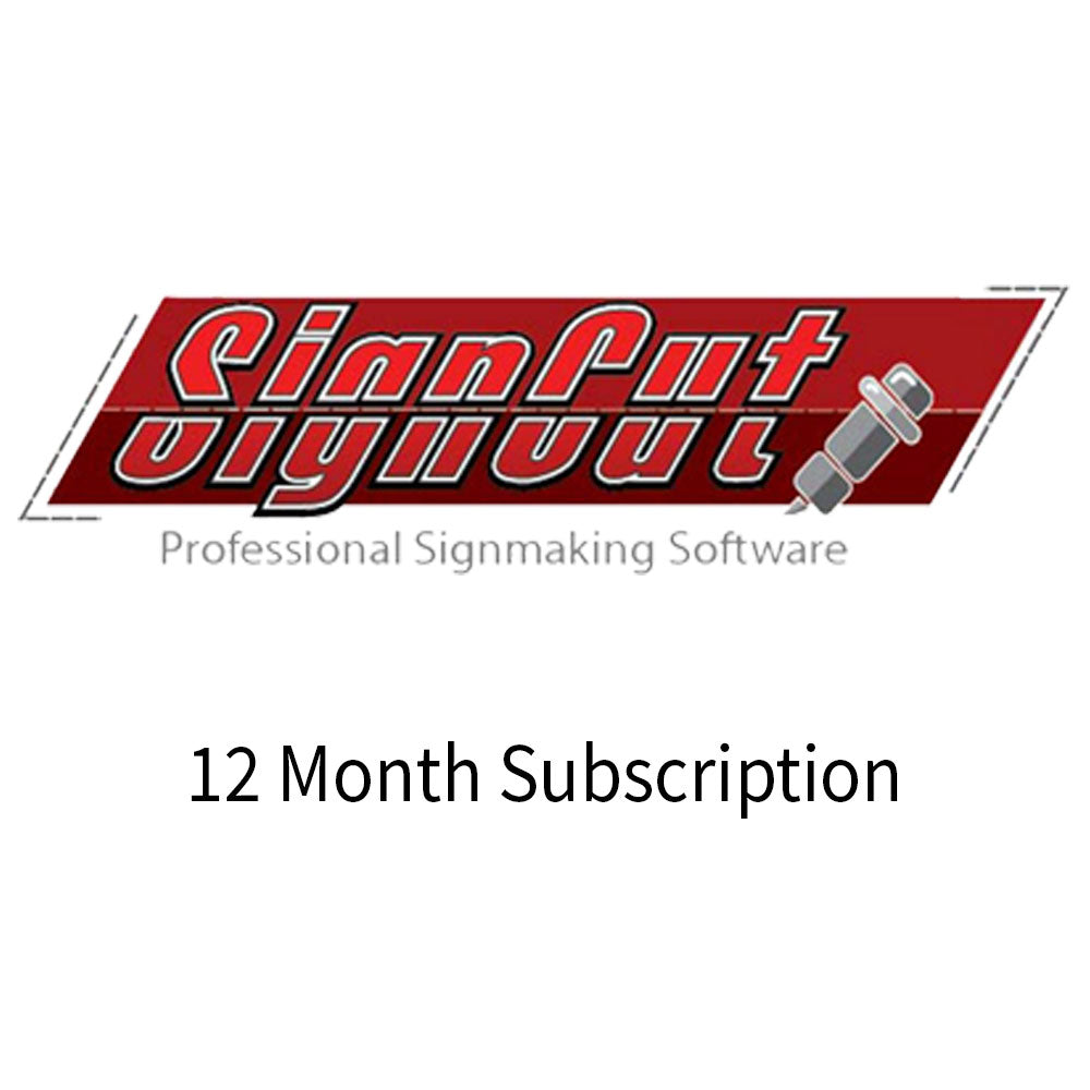 Logo de SignCut Pro en rouge et gris, avec le texte "Professional Signmaking Software" et mention d'un abonnement de 12 mois