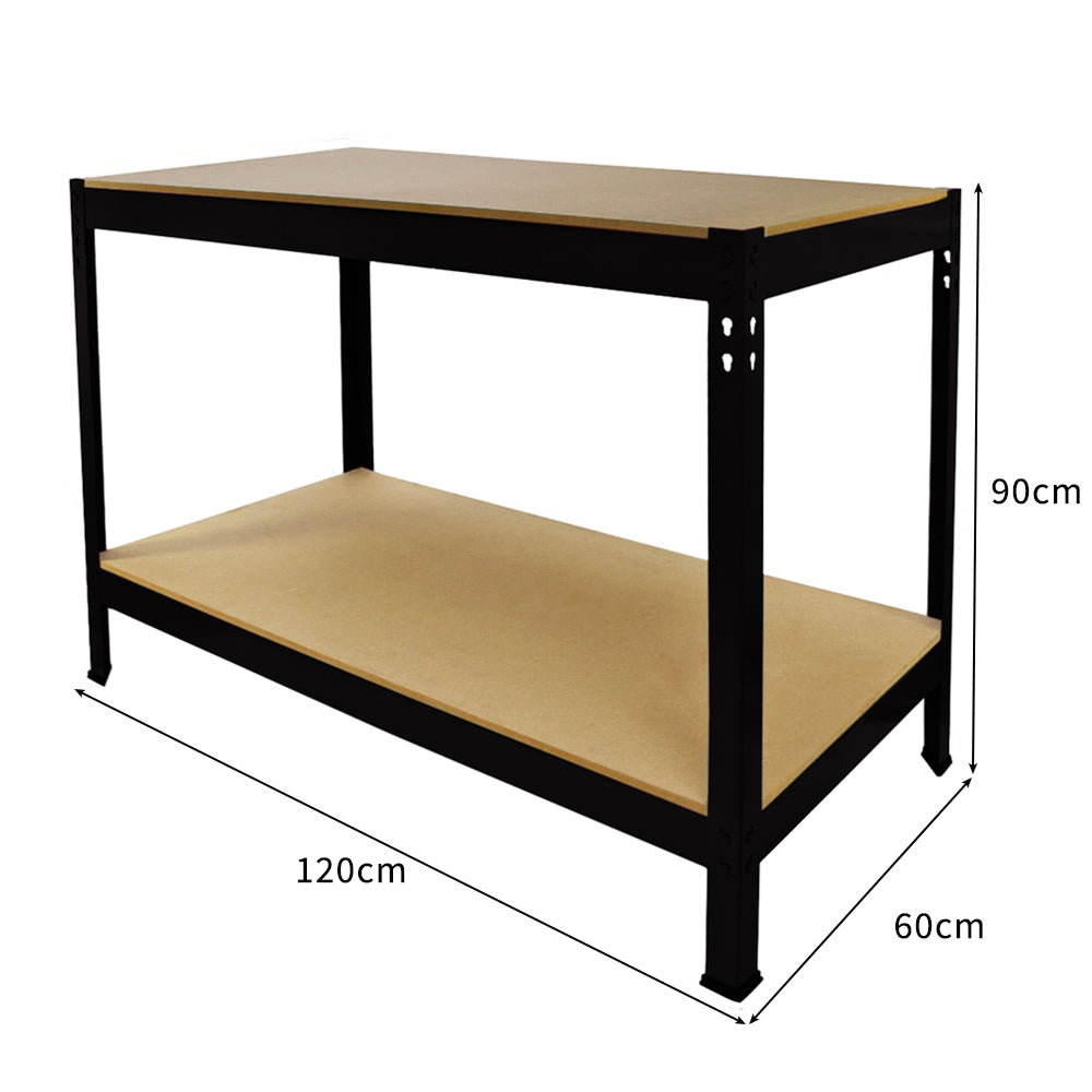 Établi de travail en acier noir de 120 cm avec surface en bois, design robuste, étagère inférieure pour rangement pratique
