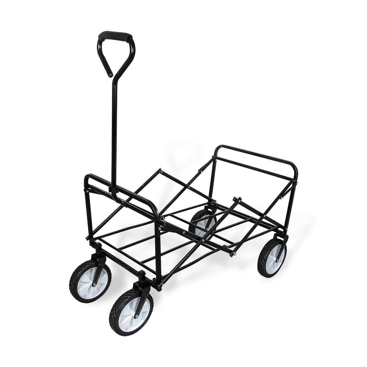 Chariot de jardin pliable bleu avec roues robustes, cadre en métal noir, idéal pour transporter des outils et des plantes