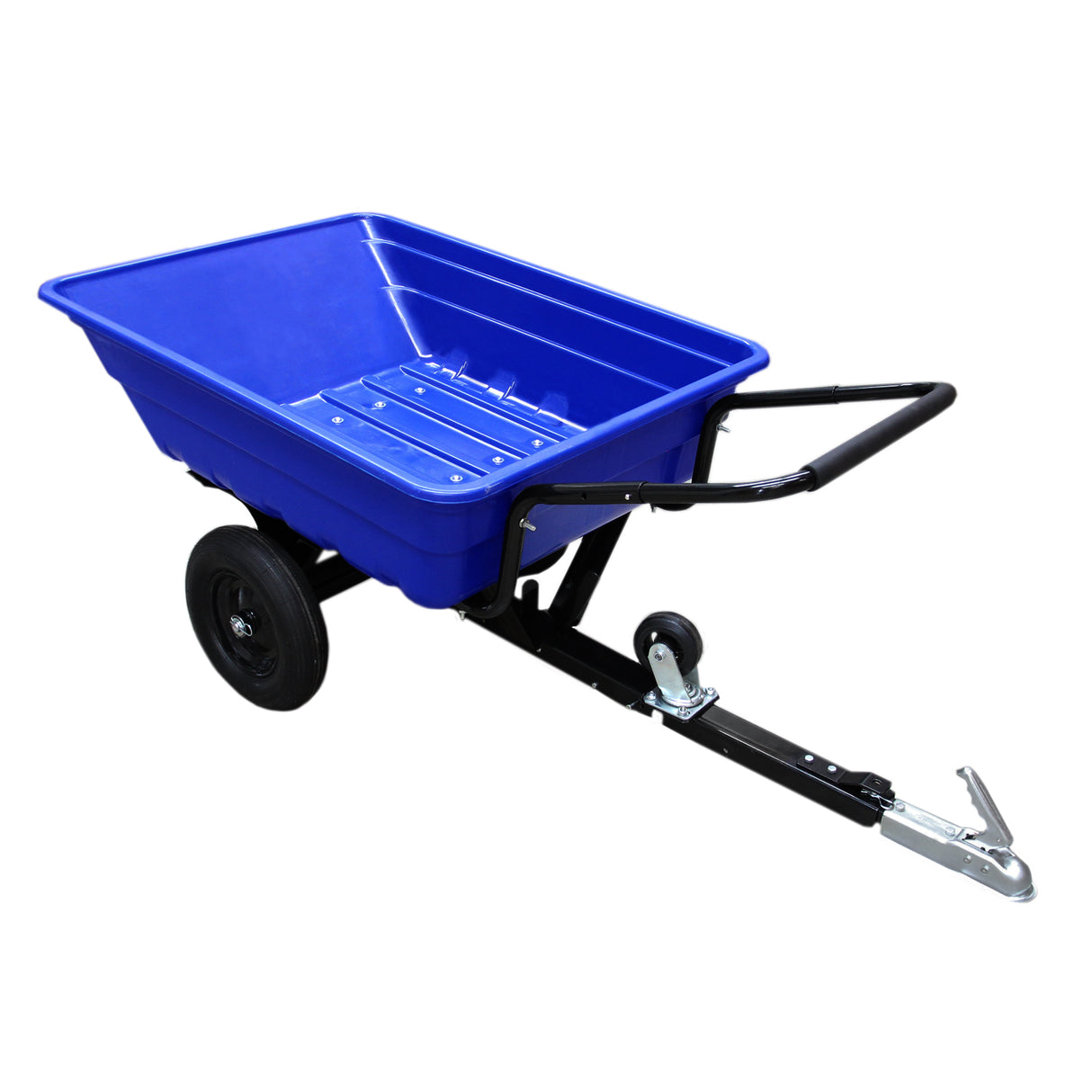 Remorque ATV avec un grand bac bleu en plastique, roues pneumatiques noires, et un cadre en métal robuste pour un transport facile