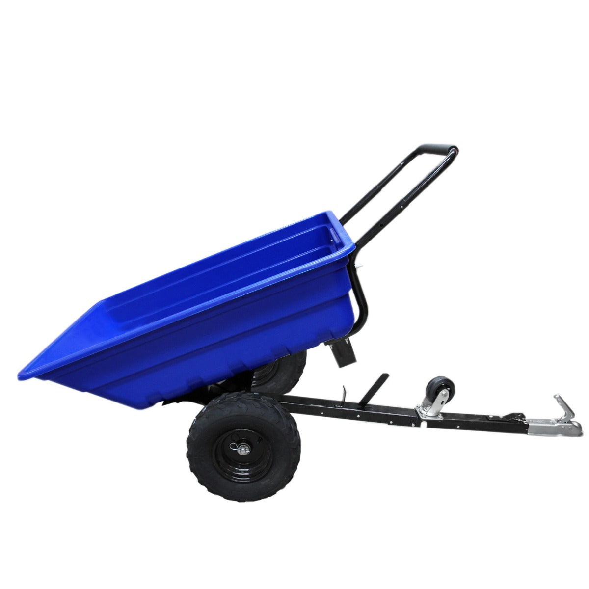 Remorque à pneus tout-terrain bleue avec benne inclinable, roues robustes et châssis en métal noir, idéale pour le jardinage et l'agriculture