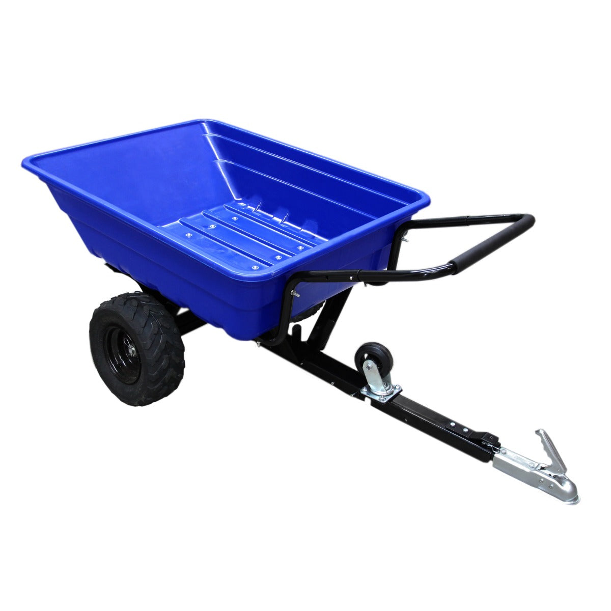 Remorque tout-terrain T-Mech avec bac bleu en plastique, roues robustes et attelage noir, idéale pour le transport de charges lourdes