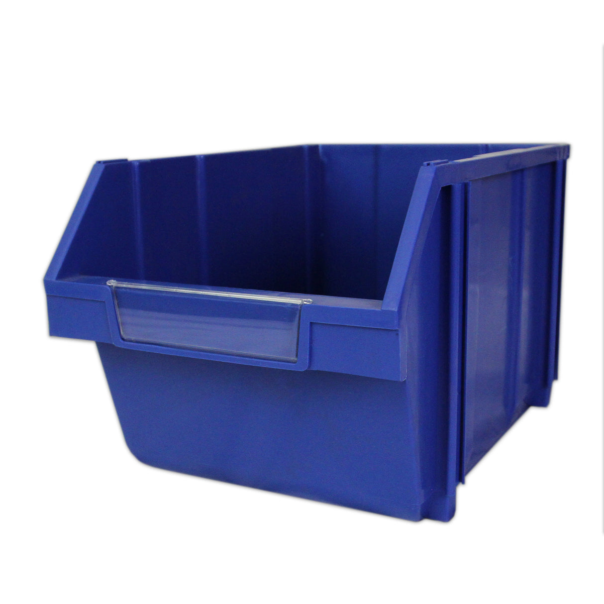 Bac de rangement bleu en plastique, avec des bords ouverts et une poignée, idéal pour l'organisation et le stockage des articles