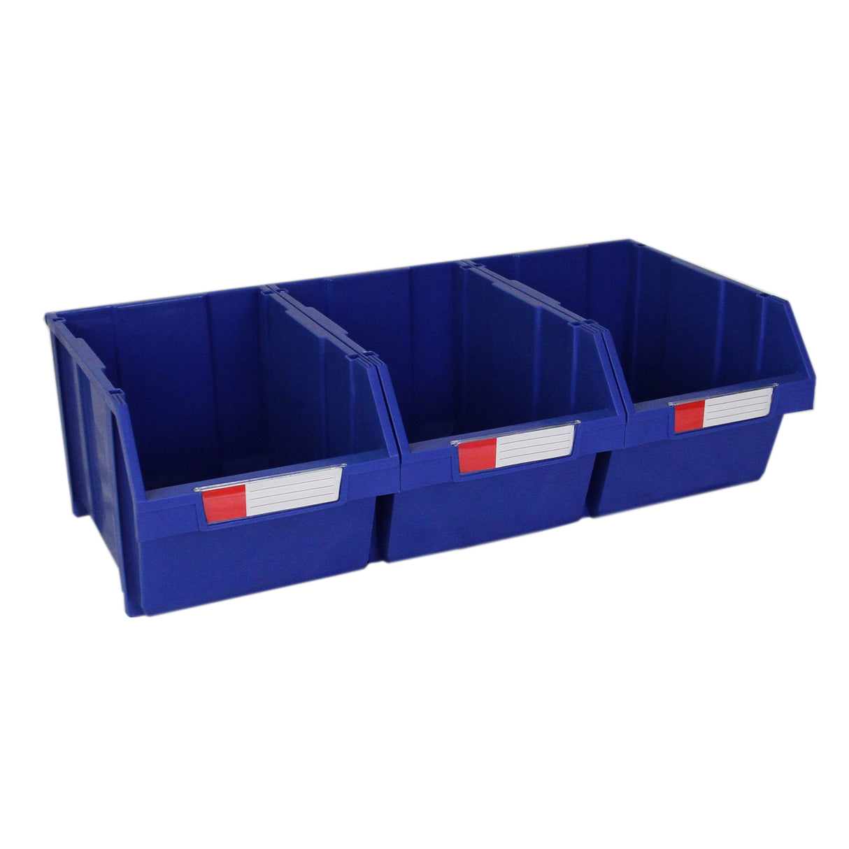 Bacs de rangement en plastique bleu, divisés en trois compartiments, avec étiquettes blanches pour identification et transport facile