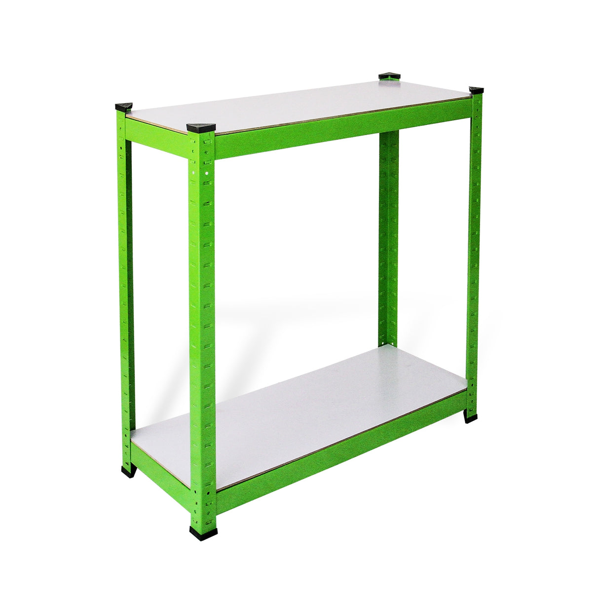 Étagère en métal vert vif avec deux niveaux, surface lisse et robuste, idéale pour un serre polytunnel de 2,5m x 2m