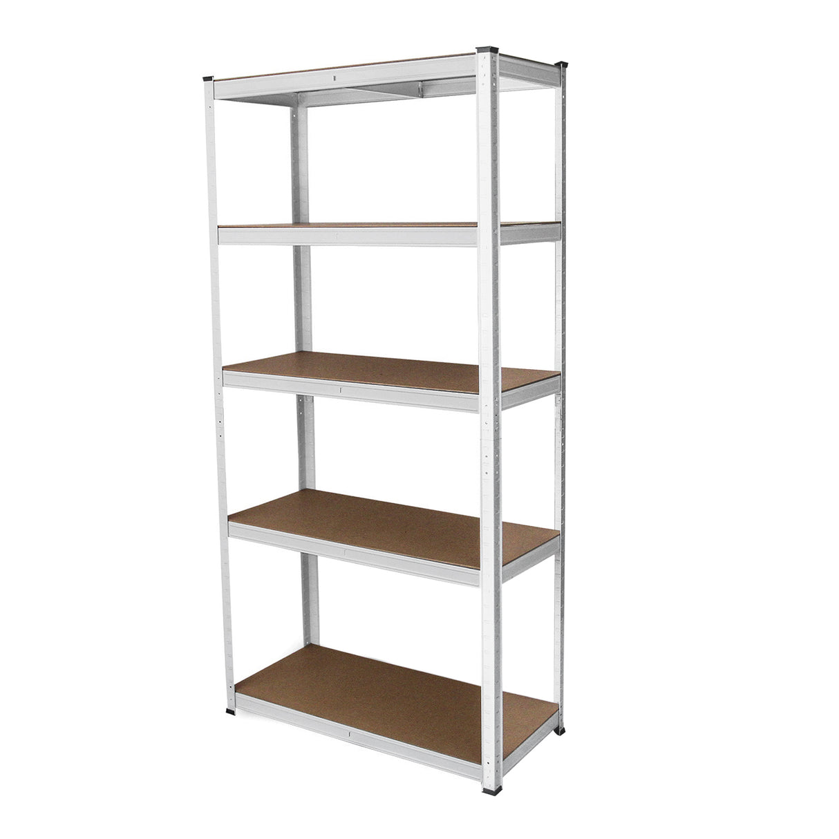 Rayonnage en acier blanc de 90cm x 40cm x 180cm avec quatre étagères en bois, offrant une structure robuste et moderne pour le rangement