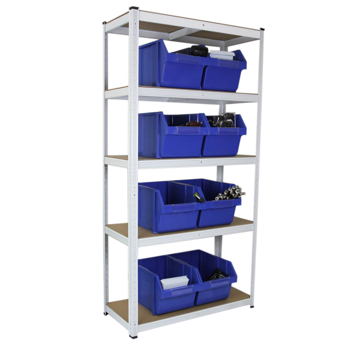 Rayonnage en acier blanc de 90cm x 40cm x 180cm avec quatre étagères et bacs de rangement bleus en plastique robuste