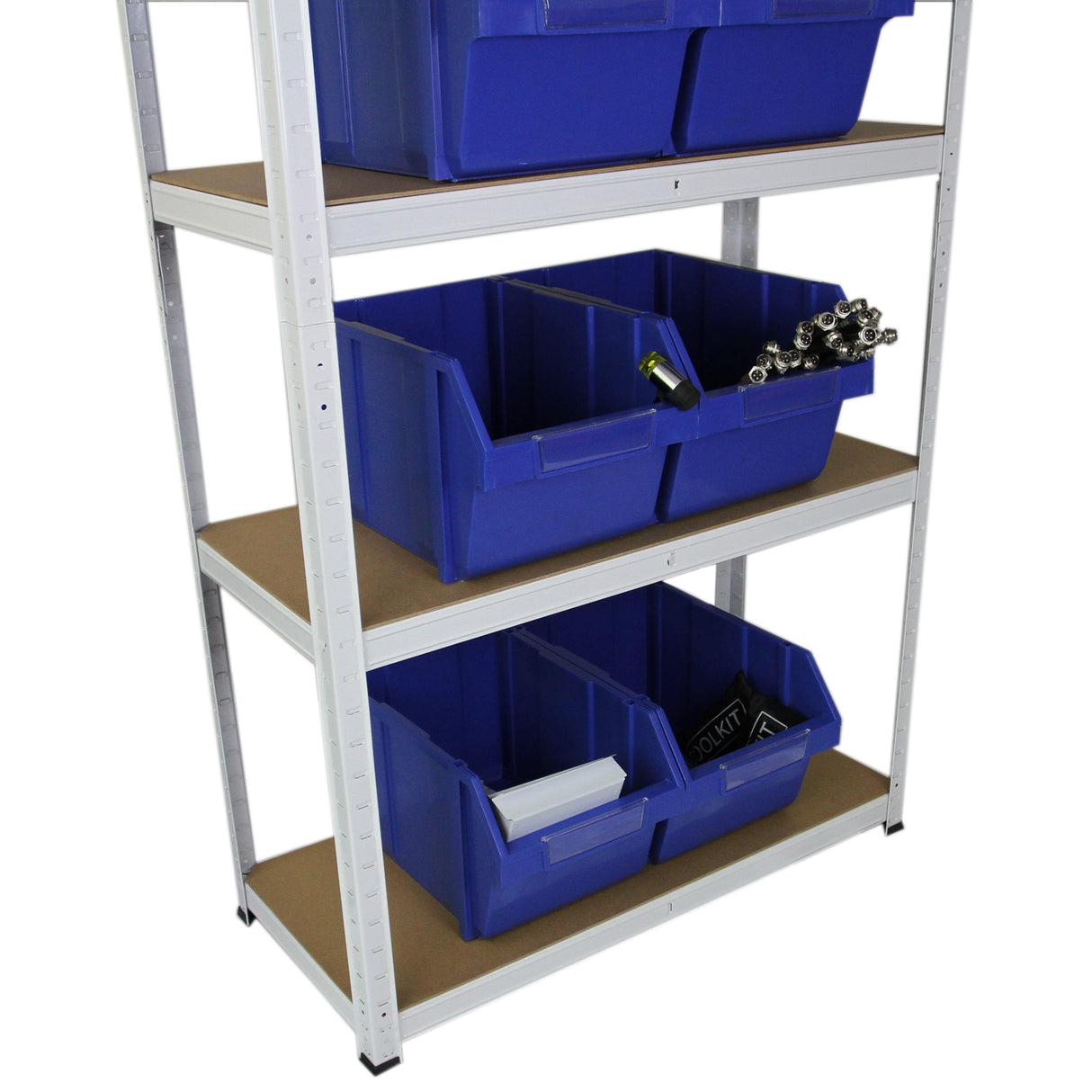 Rayonnage en acier blanc de 90 cm x 40 cm x 180 cm avec bacs de rangement bleus, étagères en bois et structure robuste