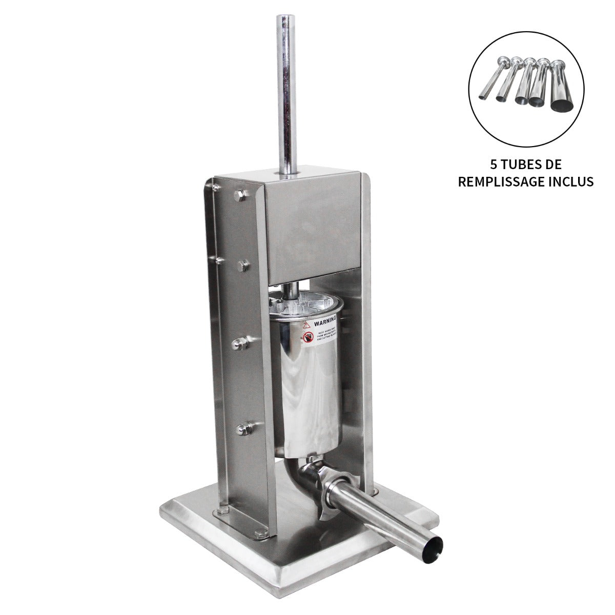 Poussoir à saucisses manuel en acier inoxydable de 7L avec base stable, tube de remplissage et cinq embouts inclus pour une utilisation facile