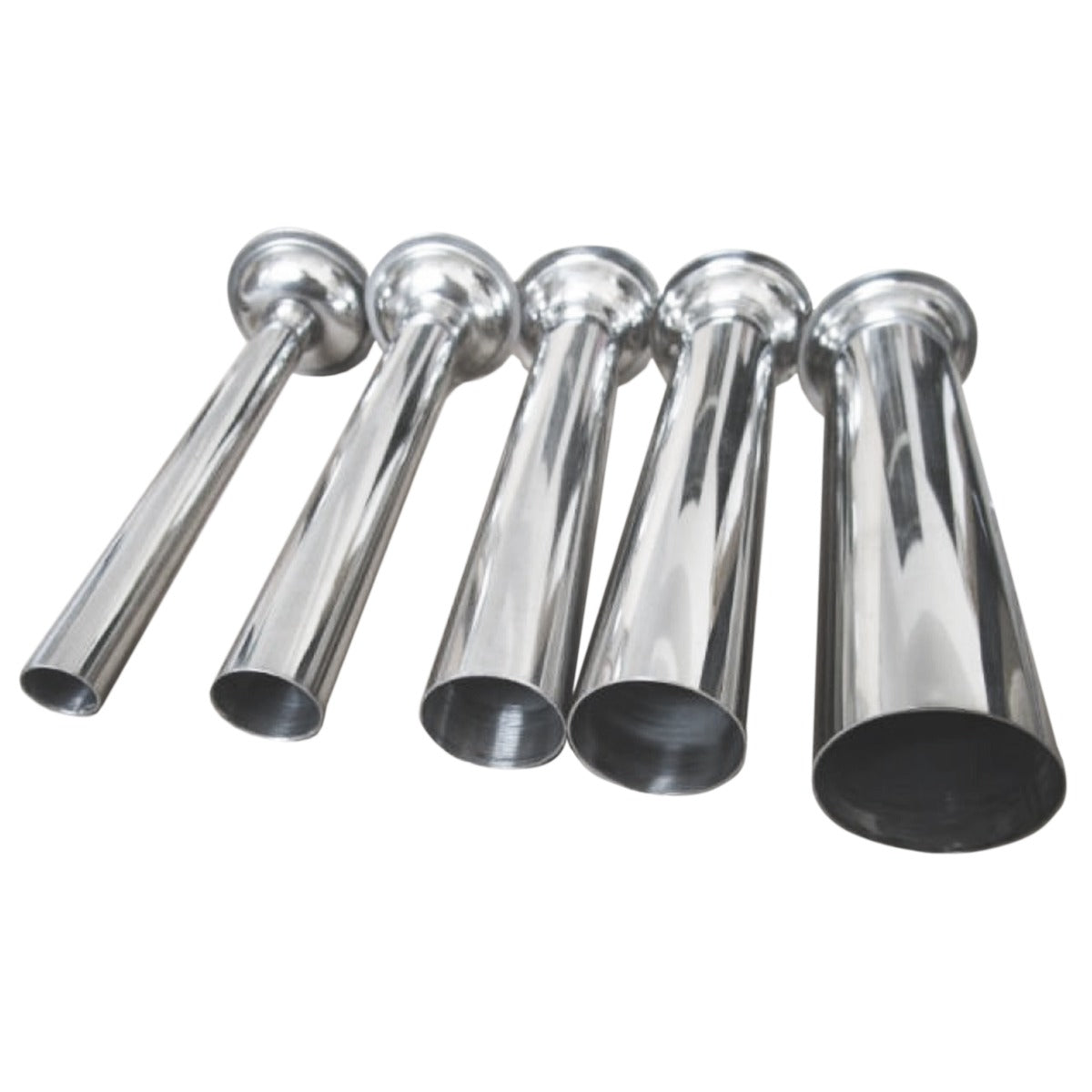 Poussoir à saucisses manuel KuKoo avec cinq embouts en acier inoxydable brillants, de différentes tailles, lisses et cylindriques