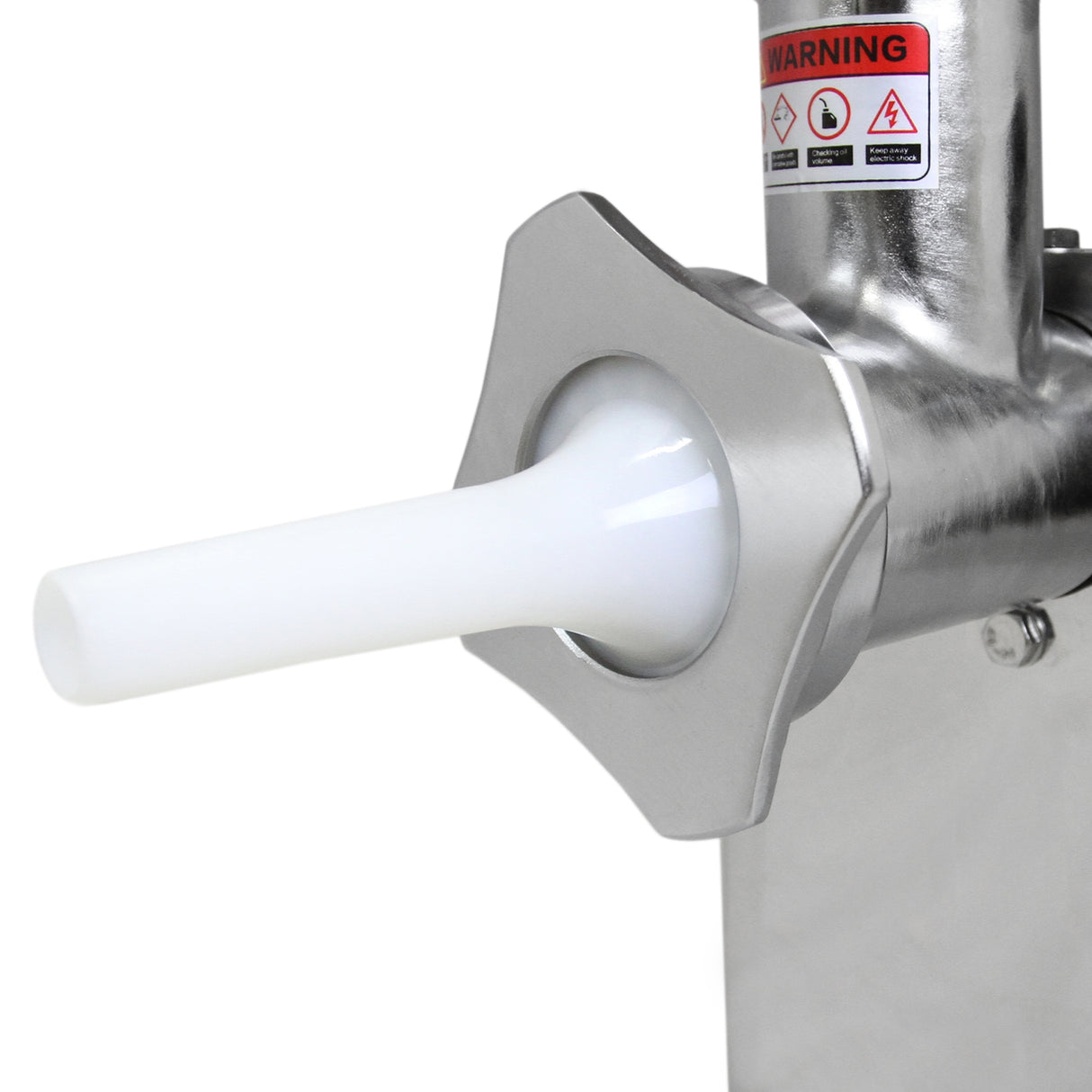 Hachoir à viande commercial KuKoo avec embout en plastique blanc et corps en acier inoxydable brillant, conçu pour une utilisation professionnelle
