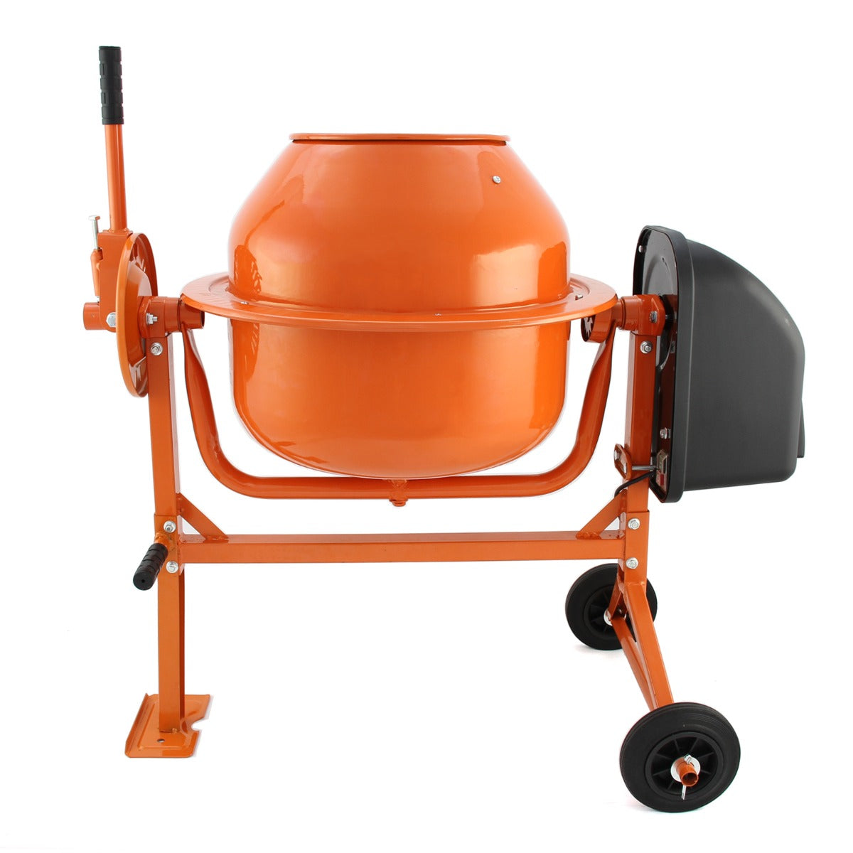 Bétonnière portable orange avec cadre en métal, roue pour mobilité, et moteur noir, idéale pour les travaux de construction et de rénovation