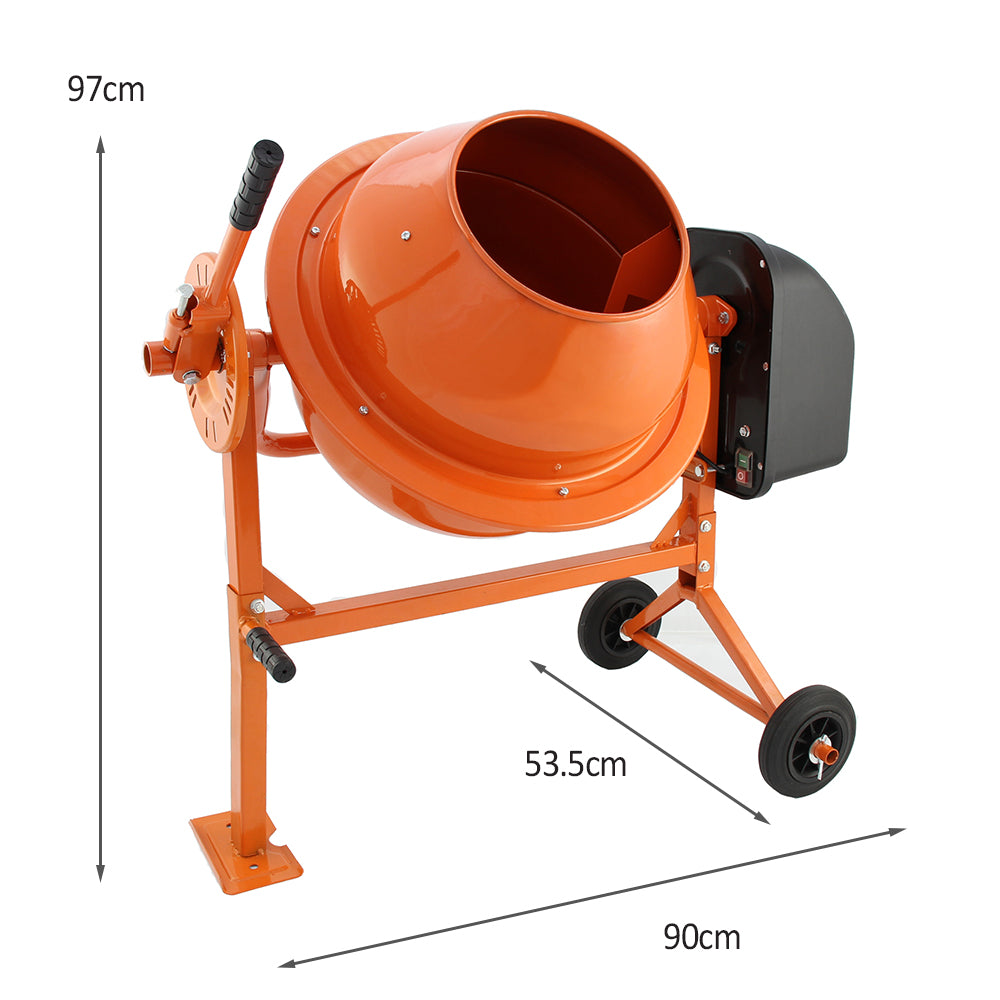 Bétonnière portable orange avec moteur, roues pour mobilité, dimensions 97 cm de hauteur et 90 cm de largeur, idéale pour les chantiers