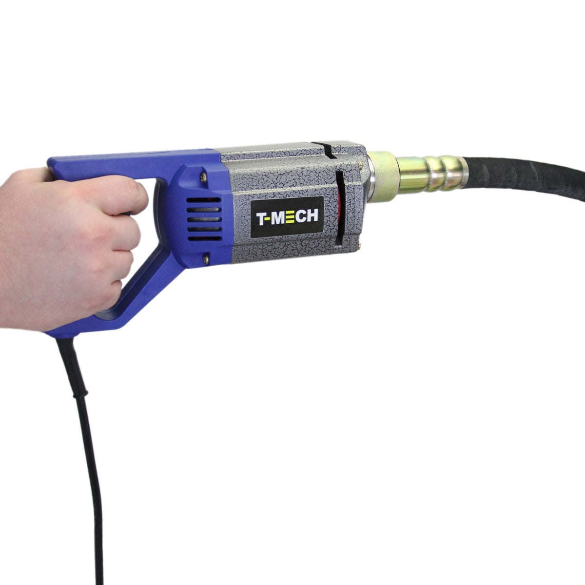 Vibreur à béton T-Mech avec poignée ergonomique bleue, câble électrique noir et embout métallique brillant pour un usage portable