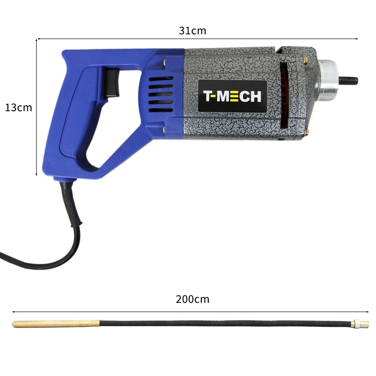 Vibreur à béton T-Mech avec un moteur gris et bleu, long câble noir et tige dorée de 2 m pour un usage portable et efficace