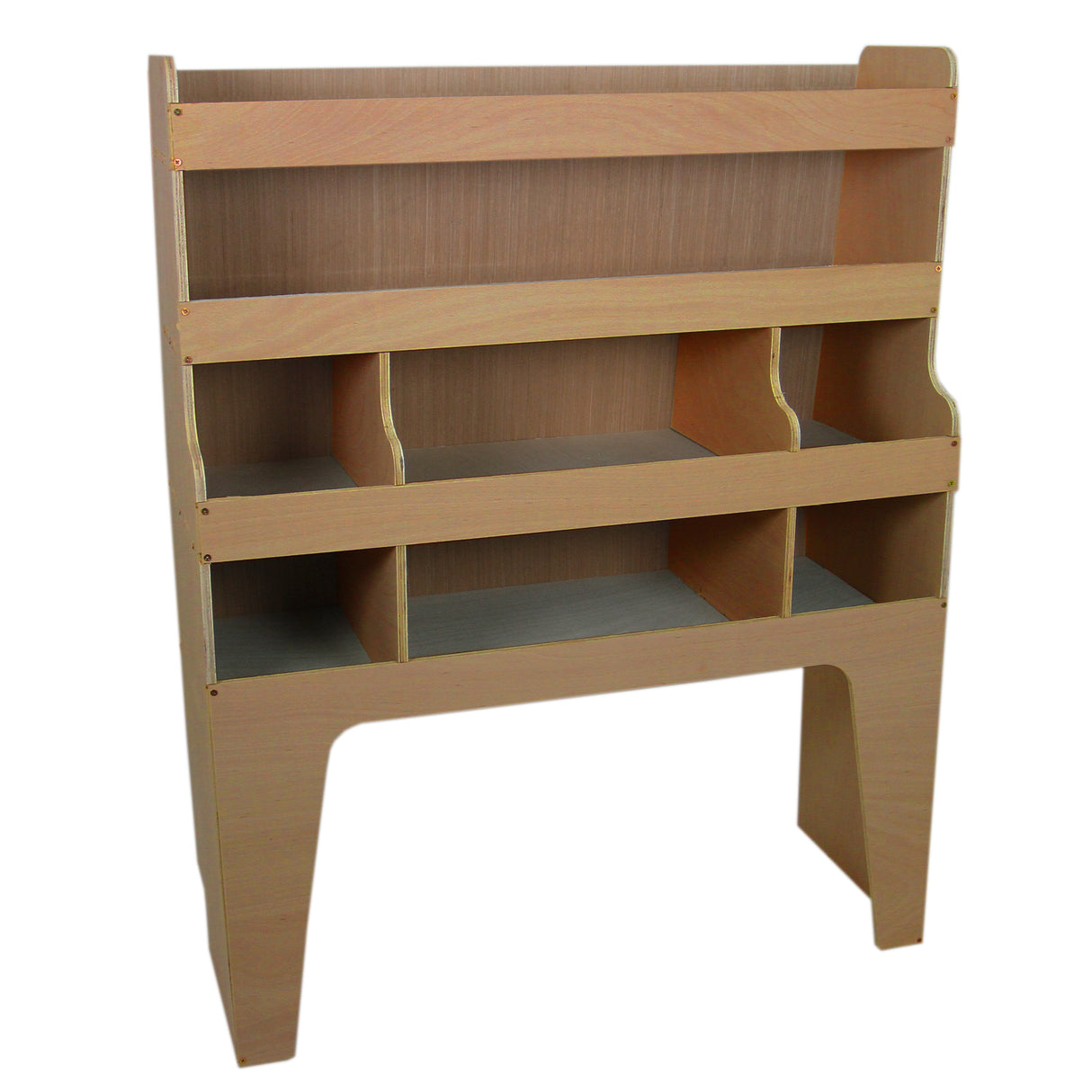Étagère en contreplaqué beige avec trois compartiments ouverts, conçue pour s'adapter aux modèles Ford Transit Custom SWB et LWB