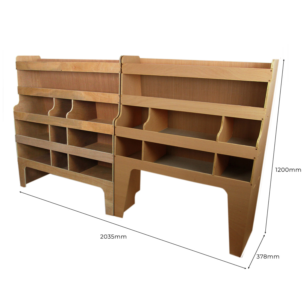Étagères en contreplaqué pour Ford Transit, finition bois clair, dimensions 2035mm x 1200mm x 378mm, avec plusieurs compartiments de rangement