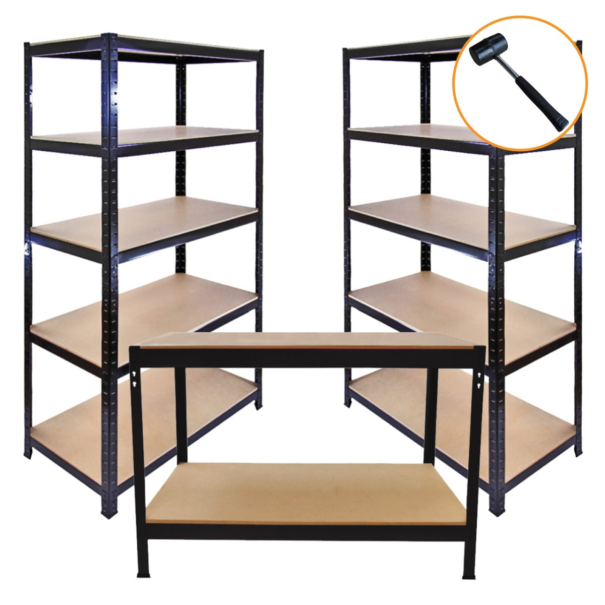Rayonnages T-Rax en acier noir avec étagères en bois, incluant un établi assorti, idéal pour le rangement et l'organisation