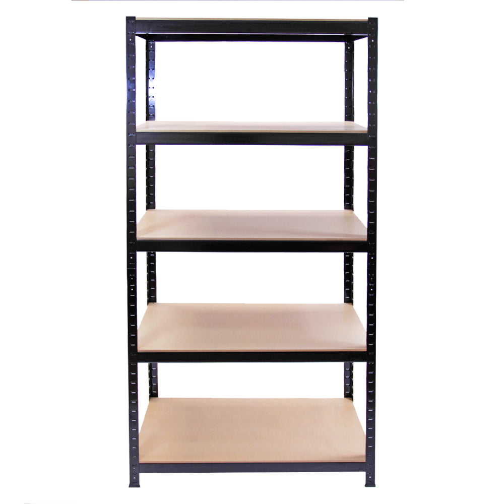 Rayonnage T-Rax en acier noir avec cinq étagères en bois clair, offrant un espace de rangement robuste et élégant pour divers objets