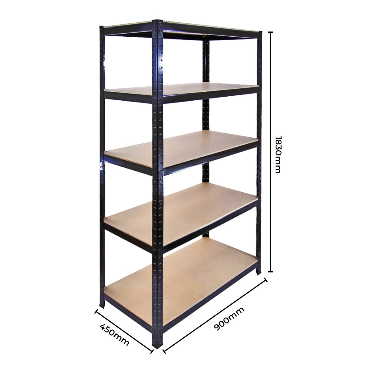 Rayonnage T-Rax en acier noir avec cinq étagères en bois, dimensions 1830mm de hauteur et 900mm de largeur, idéal pour le rangement