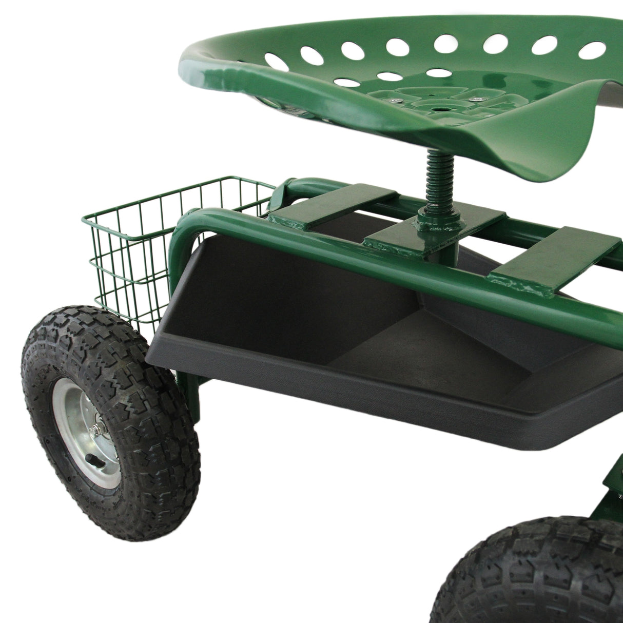 Siège roulant de jardin vert avec assise perforée, roues robustes et panier de rangement intégré pour un confort optimal