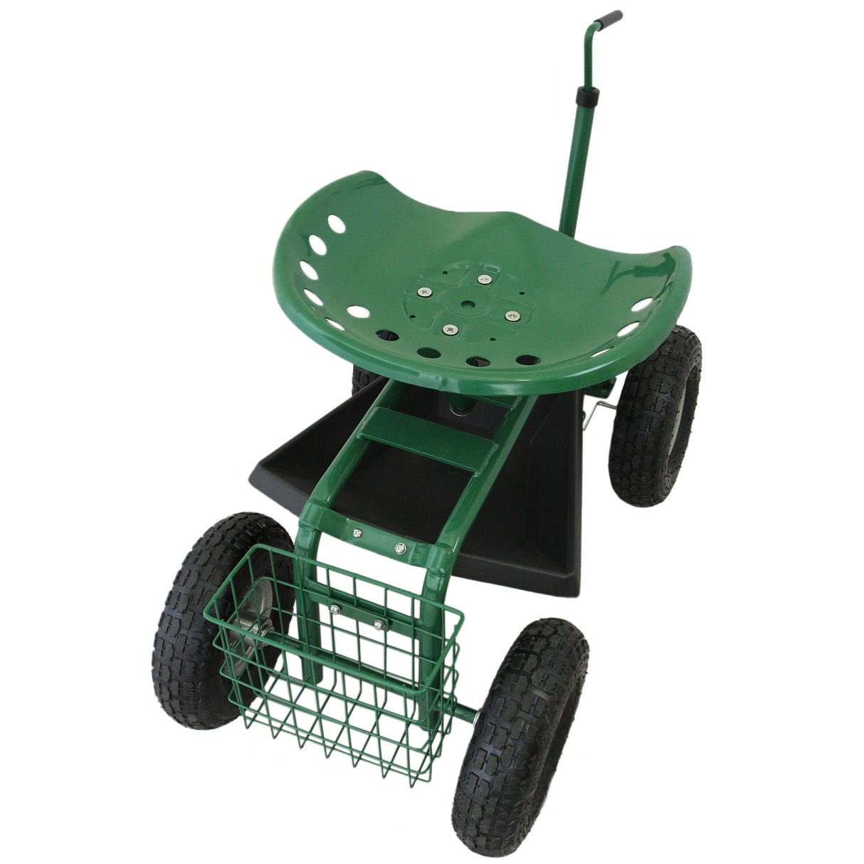 Siège roulant de jardin en métal vert, avec un siège ergonomique perforé, roues robustes et panier de rangement en fil métallique
