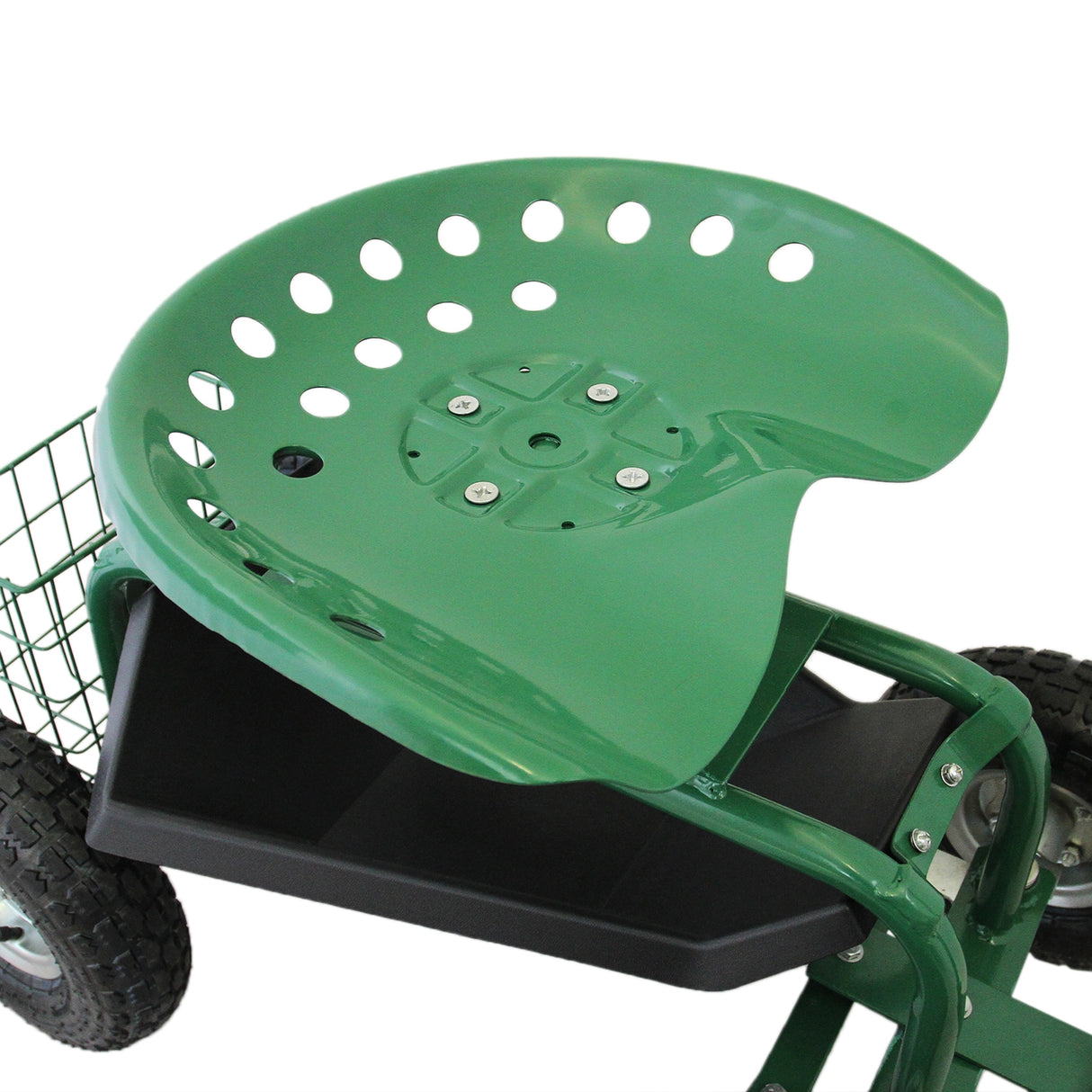 Siège roulant de jardin en métal vert avec un design perforé, roues robustes et un compartiment de rangement pratique en dessous
