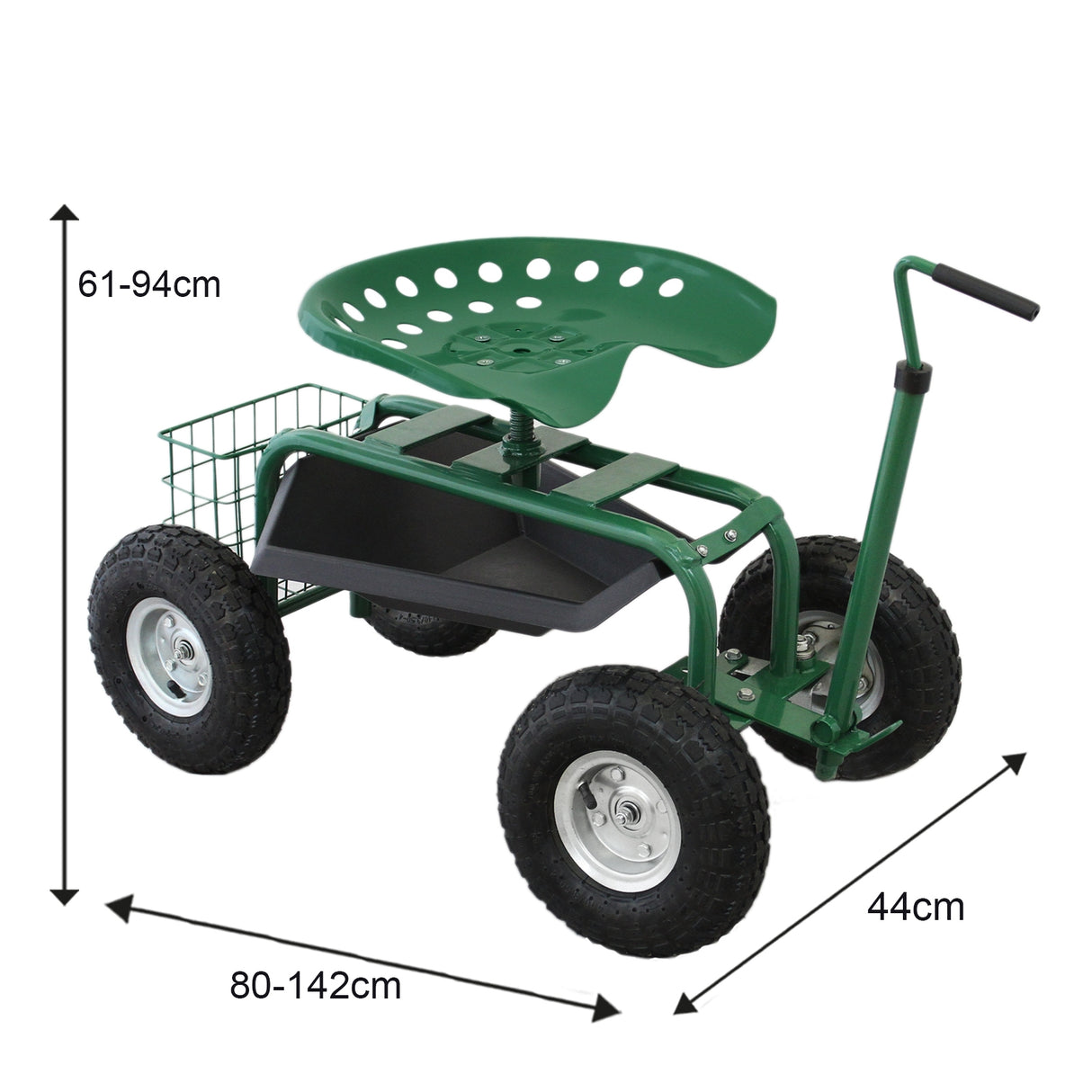 Siège roulant de jardin vert avec roues robustes, panier de rangement, hauteur ajustable de 61 à 94 cm, idéal pour le jardinage