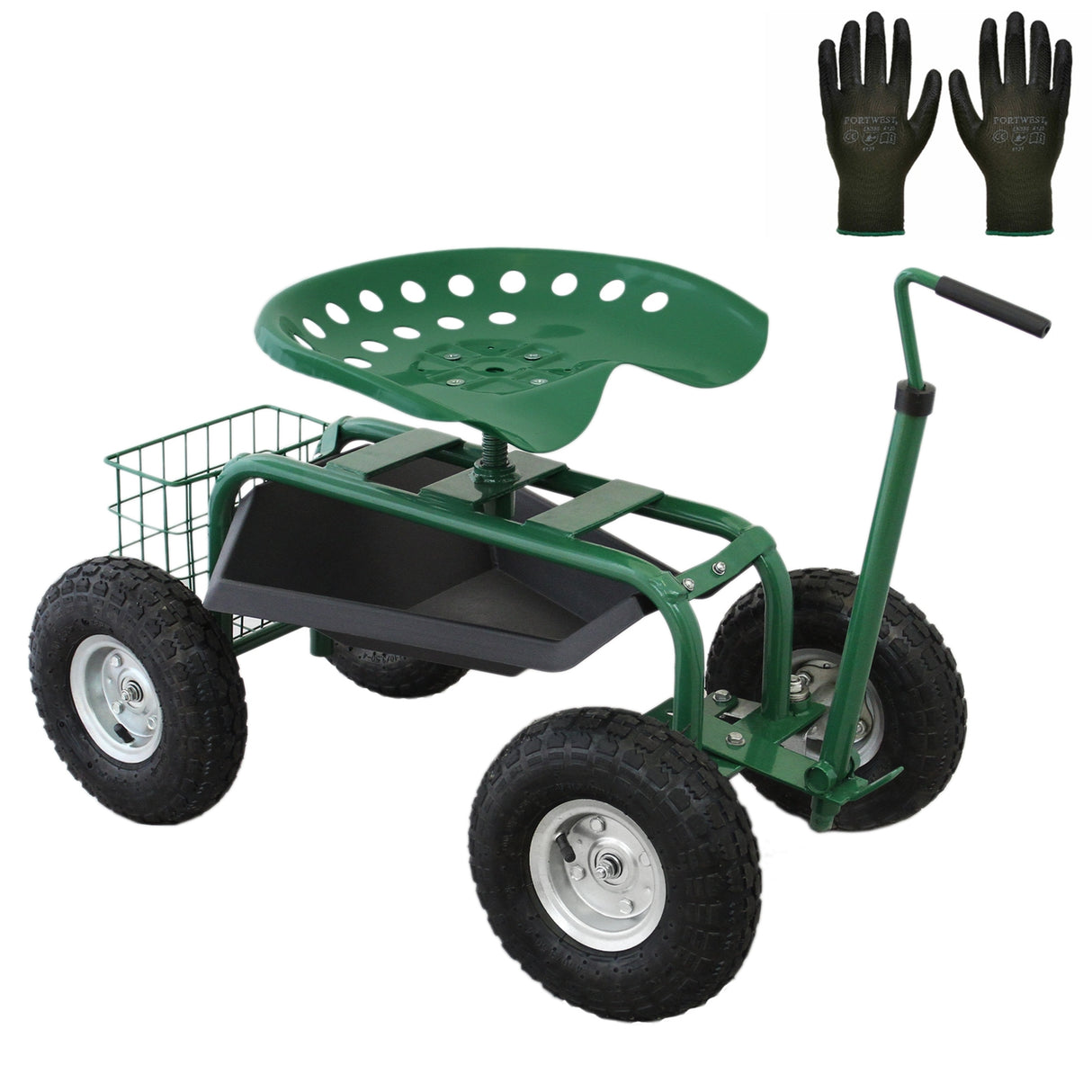 Siège roulant de jardin vert avec roues robustes, panier de rangement, et assise perforée pour un confort optimal en extérieur