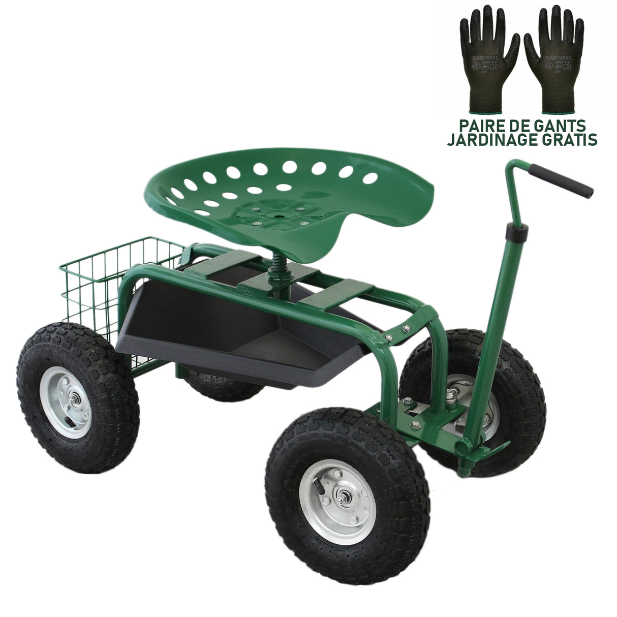 Siège roulant de jardin vert avec roues robustes, plateau de rangement noir et siège perforé pour un confort optimal lors du jardinage