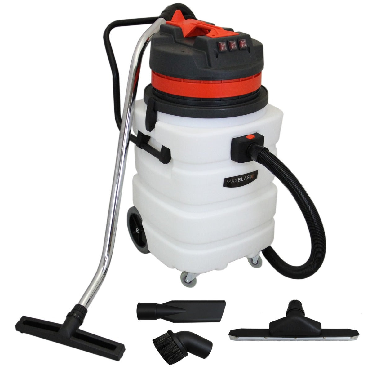 Aspirateur industriel MAXBLAST de 90 L, en plastique blanc, avec accessoires noirs et orange, roues pour un transport facile