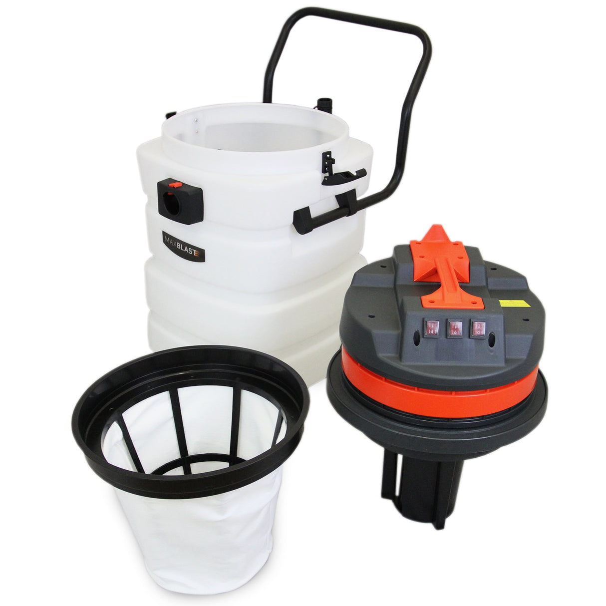 Aspirateur industriel MAXBLAST 90 L, réservoir blanc, moteur orange et noir, avec un filtre en tissu et un grand seau pour liquides et solides