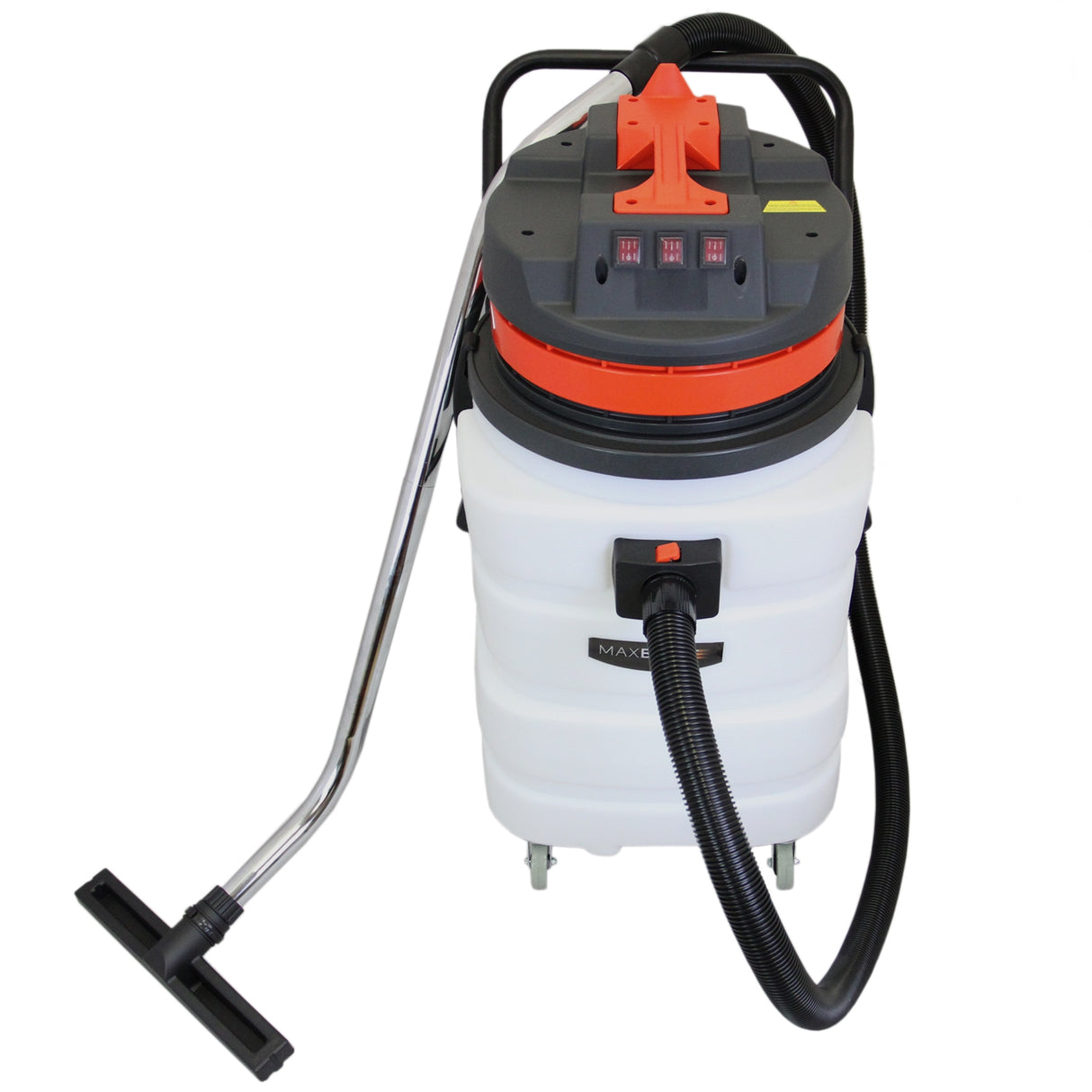 Aspirateur industriel MAXBLAST de 90 L, réservoir blanc, accessoires noirs, poignée orange, conçu pour le sec et l'humide