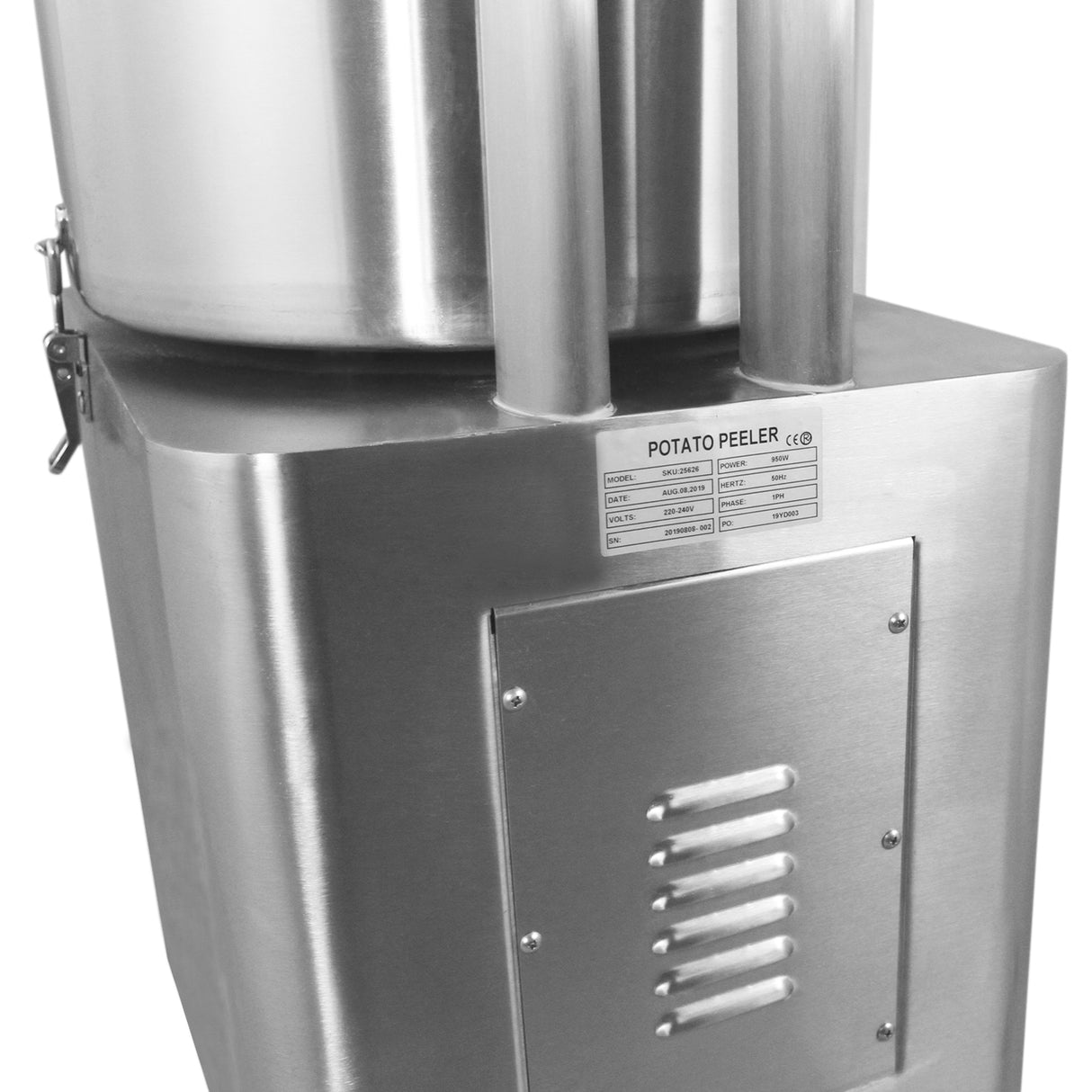 Éplucheuse à pommes de terre en acier inoxydable, avec un grand réservoir cylindrique et un design moderne, idéale pour un usage professionnel