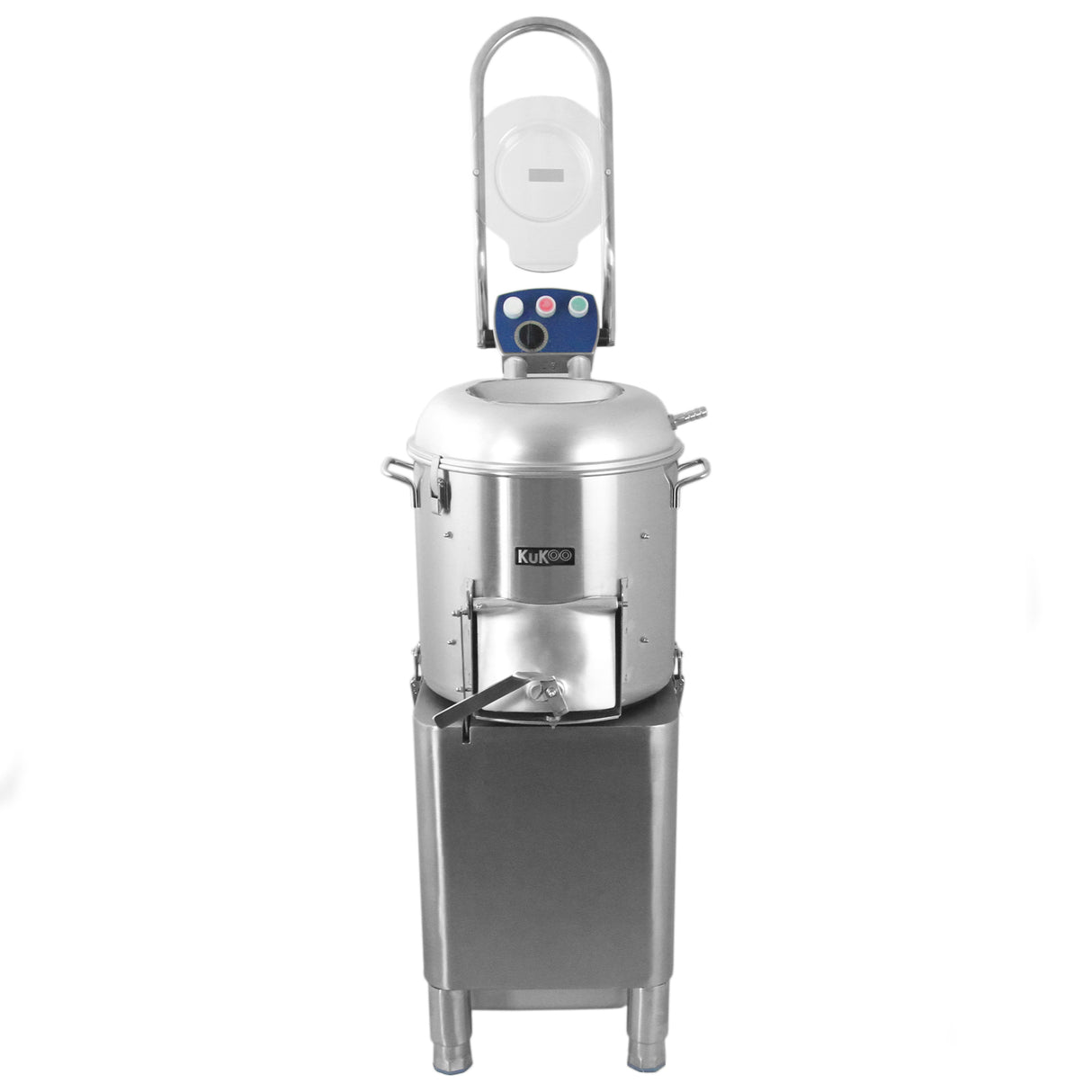 Éplucheuse à pommes de terre en acier inoxydable, avec un réservoir brillant, un couvercle arrondi et un design moderne et fonctionnel
