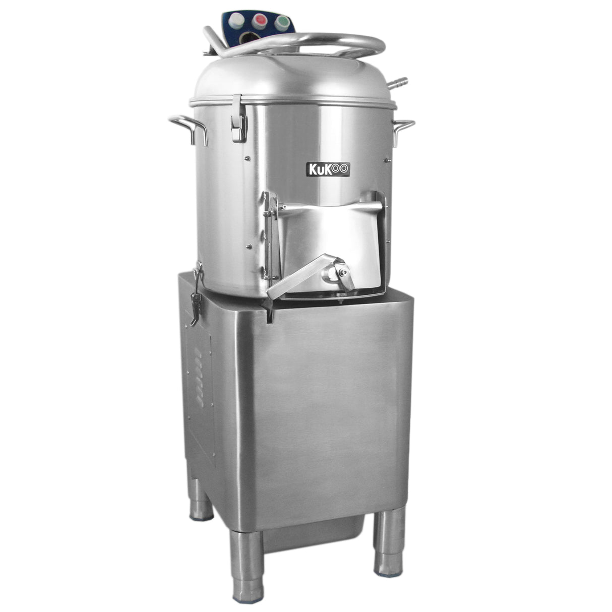 Éplucheuse à pommes de terre en acier inoxydable, design moderne, avec un réservoir cylindrique et un socle robuste, idéale pour la cuisine professionnelle