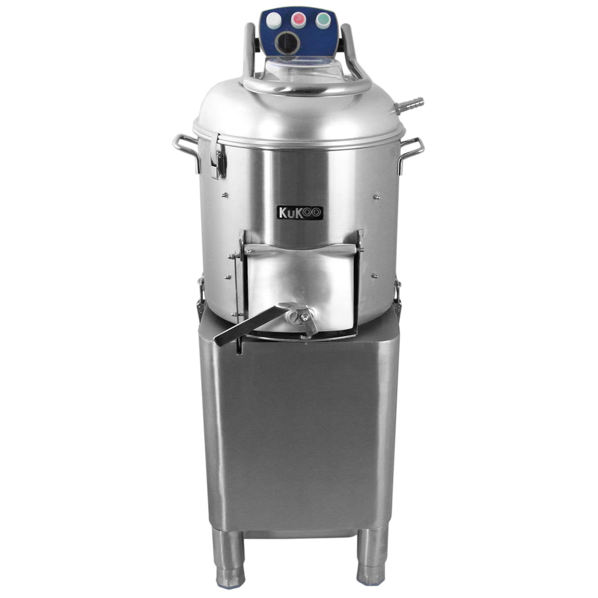 Éplucheuse à pommes de terre en acier inoxydable, design cylindrique, avec un couvercle bleu et des boutons de contrôle rouges, robuste et fonctionnelle