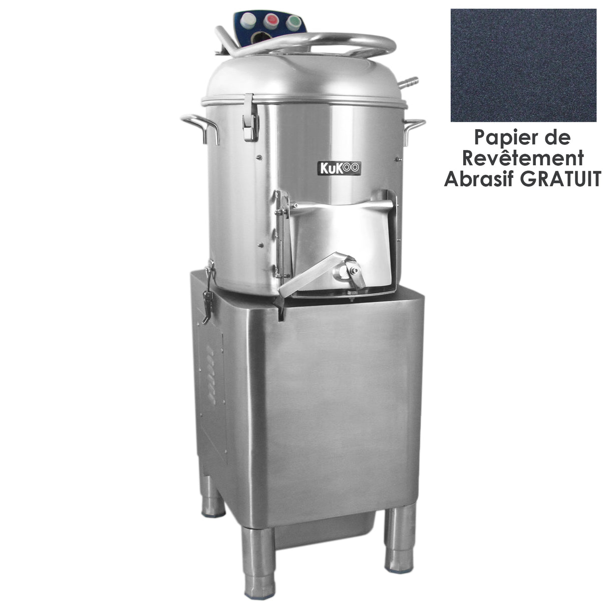 Éplucheuse à pommes de terre en acier inoxydable, avec un design moderne, un couvercle argenté et un papier abrasif gratuit en arrière-plan