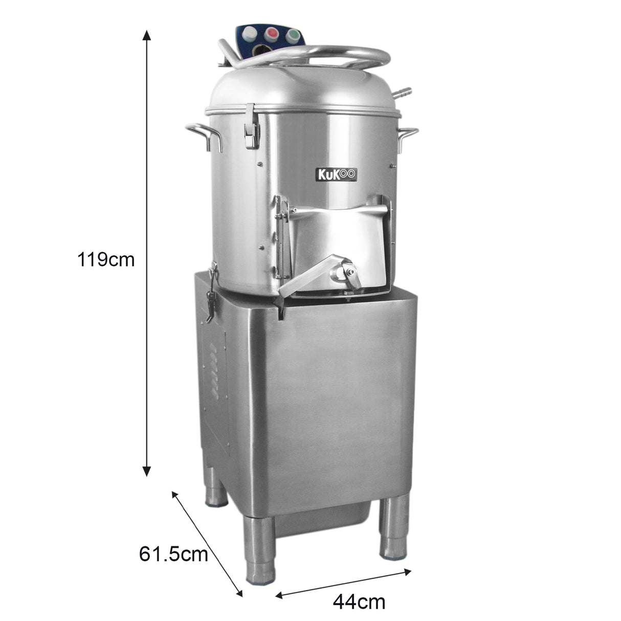 Éplucheuse à pommes de terre en acier inoxydable, design moderne, dimensions 119 cm de hauteur, 44 cm de largeur, avec un réservoir et un couvercle ergonomique
