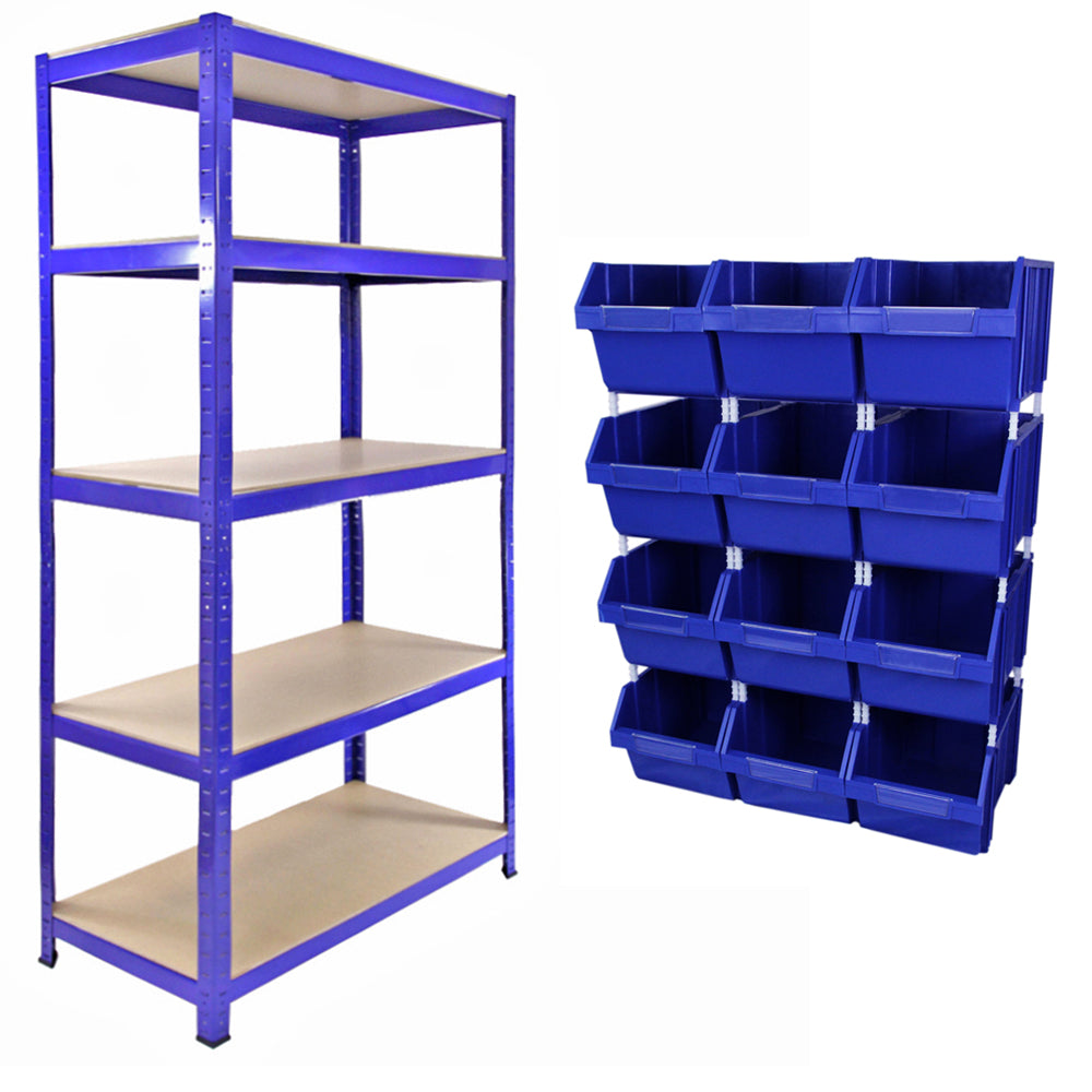 Monster Racking - Lot de 1 Rayonnage T-Rax en Acier Bleu & 12 x Boîtes de Rangement à Selection Rapide