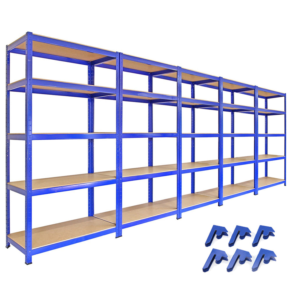 Rayonnages T-Rax en acier bleu, dimensions 90cm x 45cm x 180cm, avec étagères en bois et connecteurs en plastique gris, offrant une grande capacité de rangement