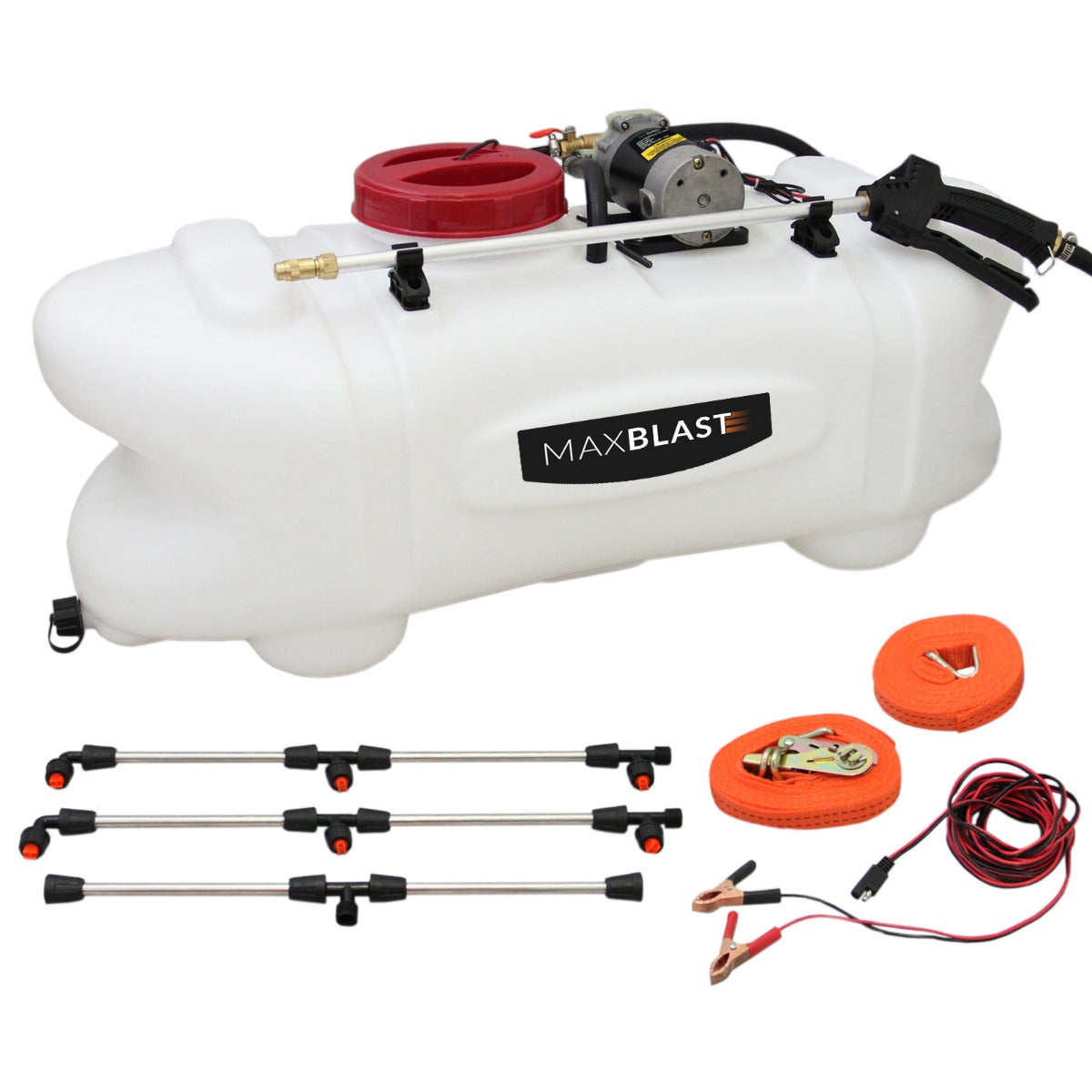 Réservoir pulvérisateur MAXBLAST de 100 L en plastique blanc, avec accessoires orange, tuyaux en métal et pompe intégrée pour utilisation tout-terrain