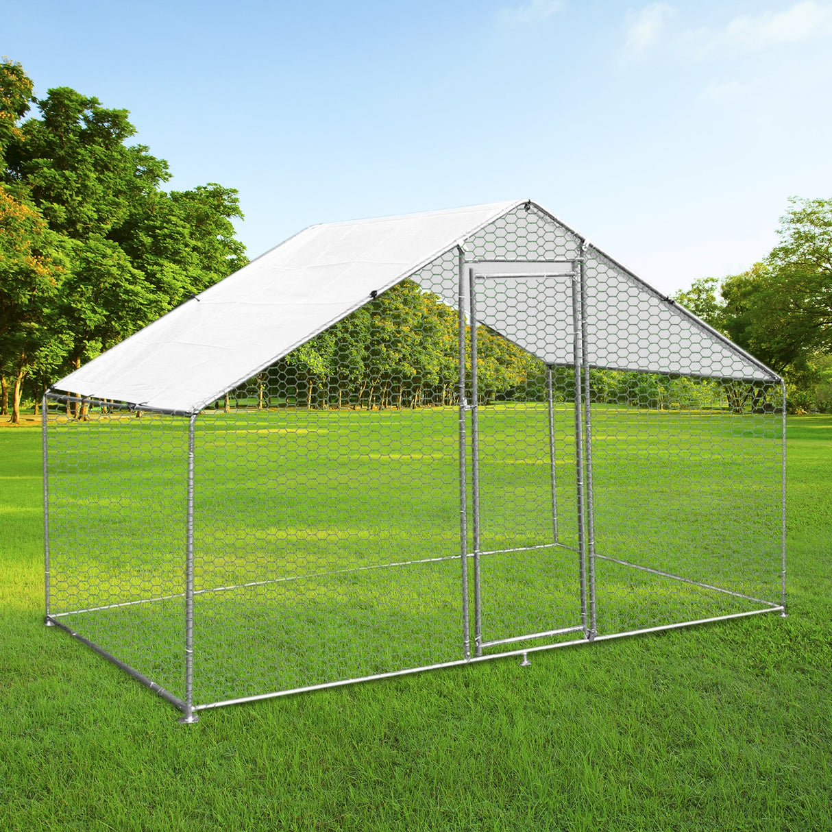 Enclos poulailler en métal galvanisé, 3m x 2m x 2m, avec toit en toile blanche, structure robuste et grille en fil de fer, idéal pour les volailles