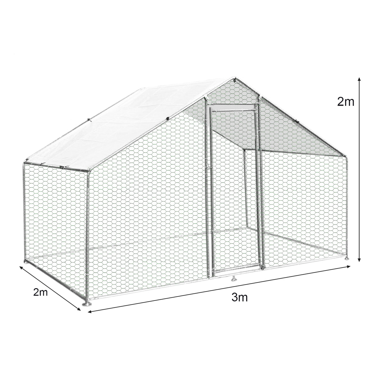 Enclos poulailler en métal galvanisé, dimensions 3m x 2m x 2m, avec toit en toile blanche et maillage hexagonal pour la ventilation