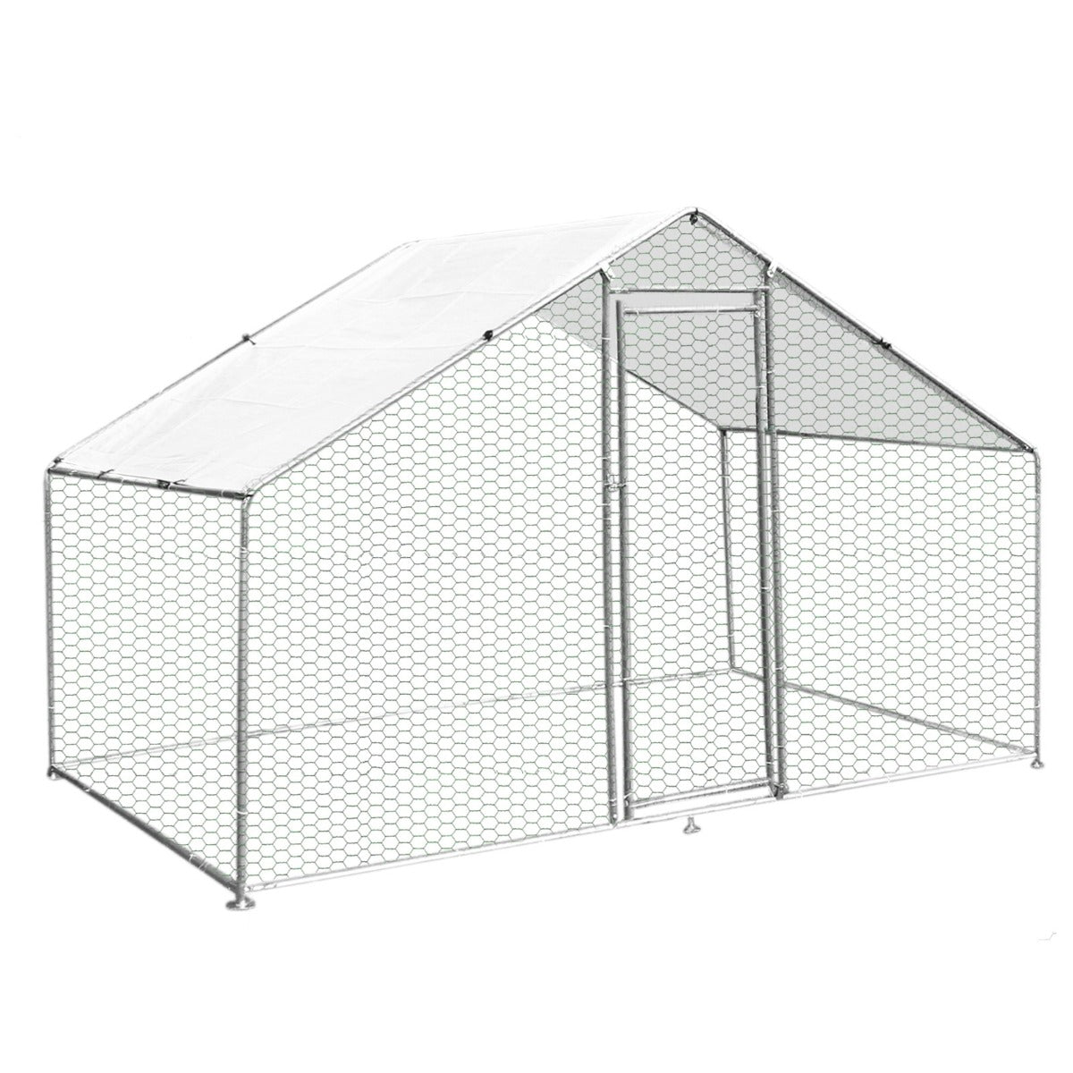 Enclos poulailler en métal galvanisé, dimensions 3m x 2m x 2m, avec filet hexagonal et toit en toile blanche, idéal pour les volailles