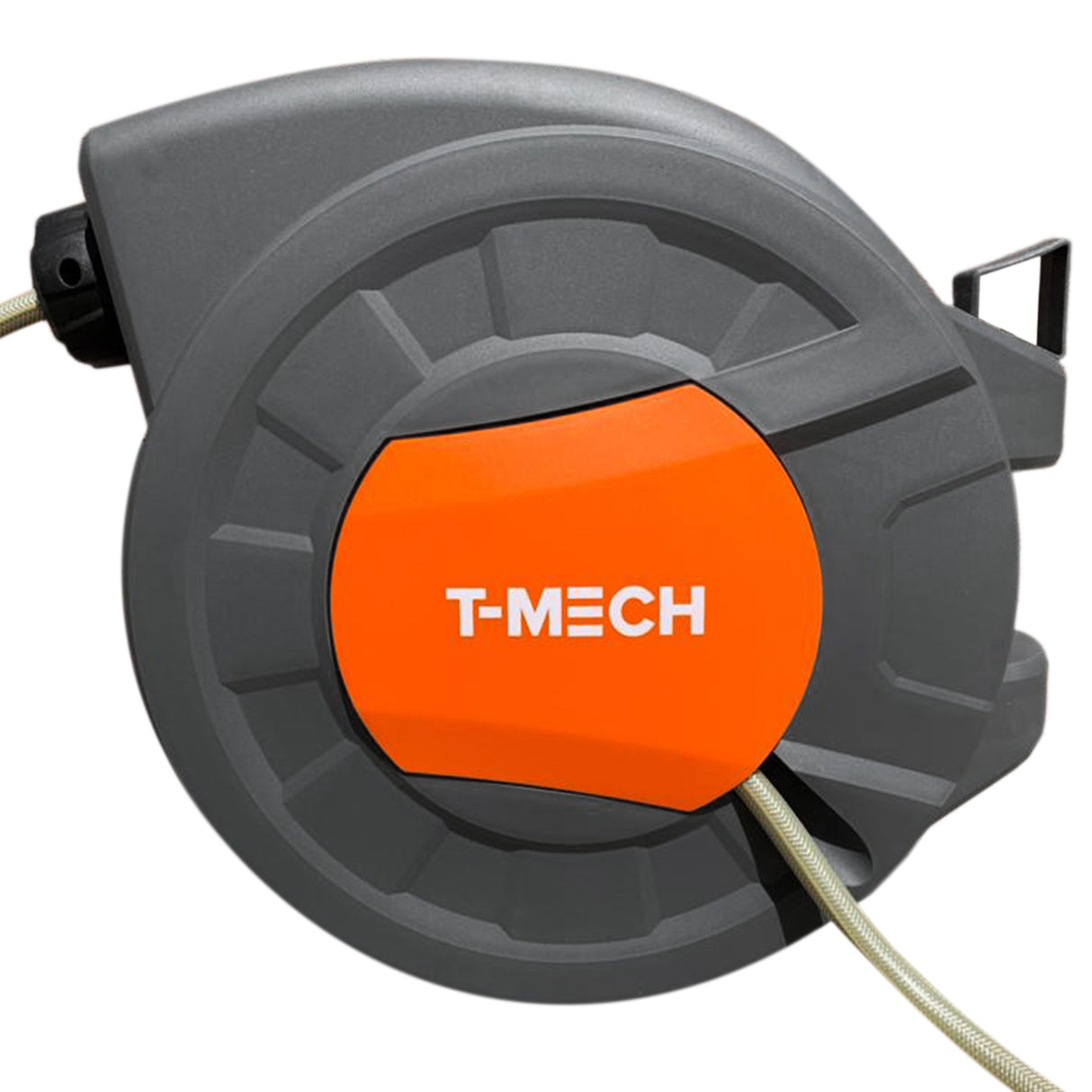 Enrouleur de tuyau d'arrosage 30m en plastique gris avec un bouton orange vif, conçu pour un rangement pratique et efficace